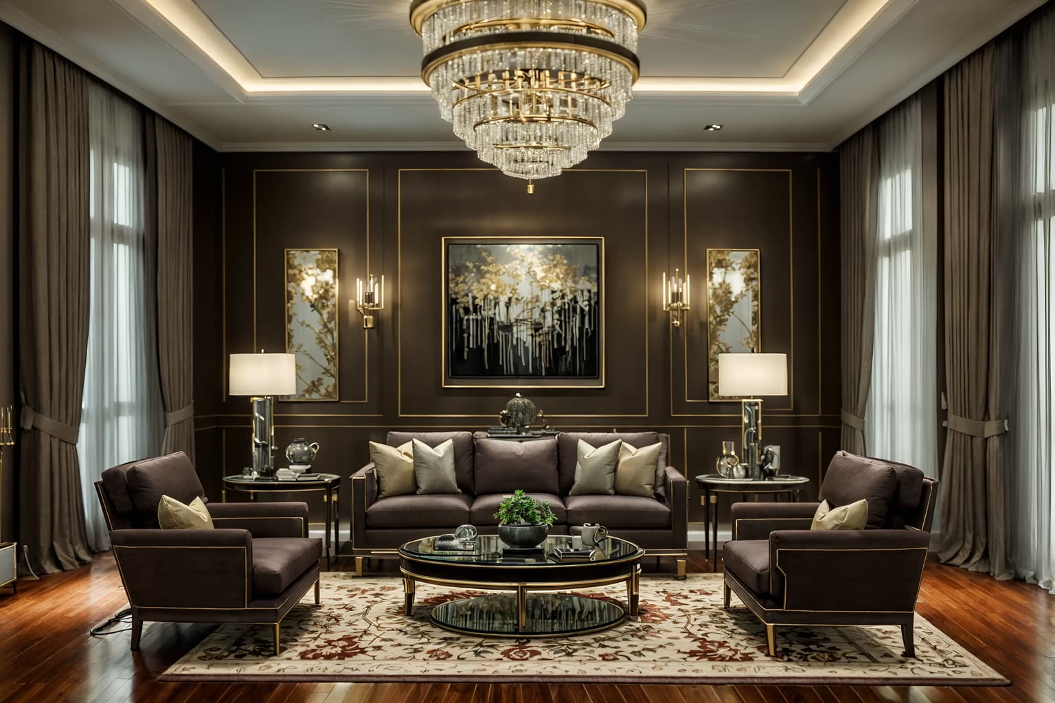 luxury-style (living room interior) with furniture and rug and occasional tables and plant and electric lamps and chairs and coffee tables and televisions. . . cinematic photo, highly detailed, cinematic lighting, ultra-detailed, ultrarealistic, photorealism, 8k. luxury interior design style. masterpiece, cinematic light, ultrarealistic+, photorealistic+, 8k, raw photo, realistic, sharp focus on eyes, (symmetrical eyes), (intact eyes), hyperrealistic, highest quality, best quality, , highly detailed, masterpiece, best quality, extremely detailed 8k wallpaper, masterpiece, best quality, ultra-detailed, best shadow, detailed background, detailed face, detailed eyes, high contrast, best illumination, detailed face, dulux, caustic, dynamic angle, detailed glow. dramatic lighting. highly detailed, insanely detailed hair, symmetrical, intricate details, professionally retouched, 8k high definition. strong bokeh. award winning photo.