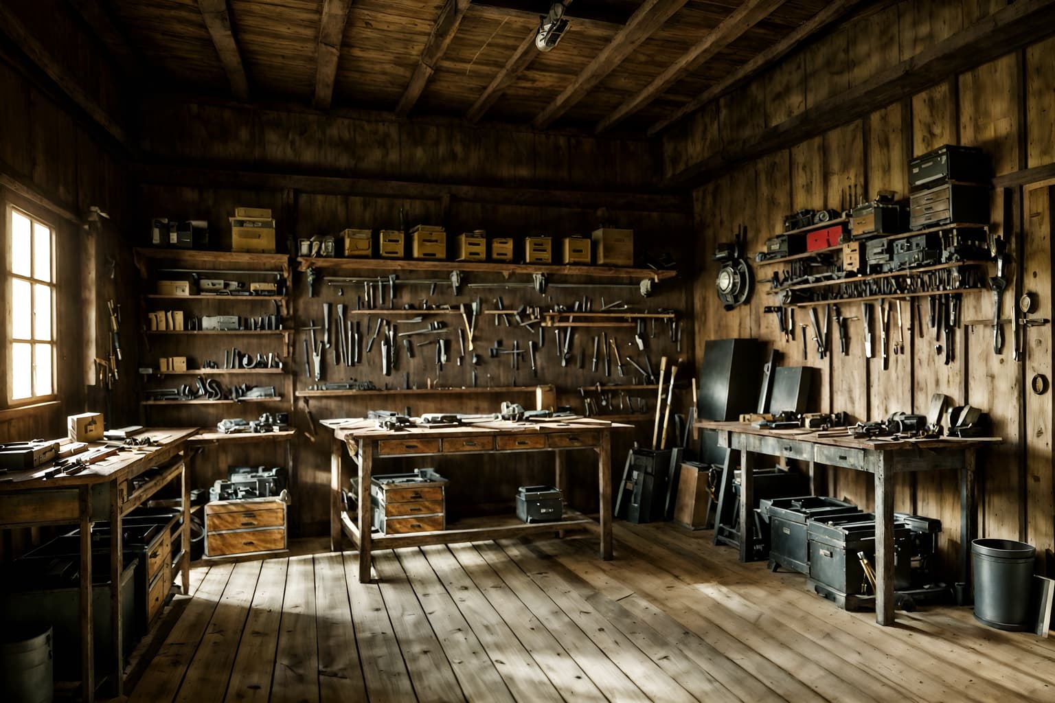 luxury-style (workshop interior) with tool wall and messy and wooden workbench and tool wall. . . cinematic photo, highly detailed, cinematic lighting, ultra-detailed, ultrarealistic, photorealism, 8k. luxury interior design style. masterpiece, cinematic light, ultrarealistic+, photorealistic+, 8k, raw photo, realistic, sharp focus on eyes, (symmetrical eyes), (intact eyes), hyperrealistic, highest quality, best quality, , highly detailed, masterpiece, best quality, extremely detailed 8k wallpaper, masterpiece, best quality, ultra-detailed, best shadow, detailed background, detailed face, detailed eyes, high contrast, best illumination, detailed face, dulux, caustic, dynamic angle, detailed glow. dramatic lighting. highly detailed, insanely detailed hair, symmetrical, intricate details, professionally retouched, 8k high definition. strong bokeh. award winning photo.
