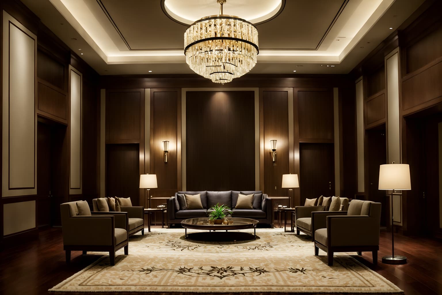 luxury-style (hotel lobby interior) with rug and coffee tables and lounge chairs and furniture and plant and check in desk and hanging lamps and sofas. . . cinematic photo, highly detailed, cinematic lighting, ultra-detailed, ultrarealistic, photorealism, 8k. luxury interior design style. masterpiece, cinematic light, ultrarealistic+, photorealistic+, 8k, raw photo, realistic, sharp focus on eyes, (symmetrical eyes), (intact eyes), hyperrealistic, highest quality, best quality, , highly detailed, masterpiece, best quality, extremely detailed 8k wallpaper, masterpiece, best quality, ultra-detailed, best shadow, detailed background, detailed face, detailed eyes, high contrast, best illumination, detailed face, dulux, caustic, dynamic angle, detailed glow. dramatic lighting. highly detailed, insanely detailed hair, symmetrical, intricate details, professionally retouched, 8k high definition. strong bokeh. award winning photo.