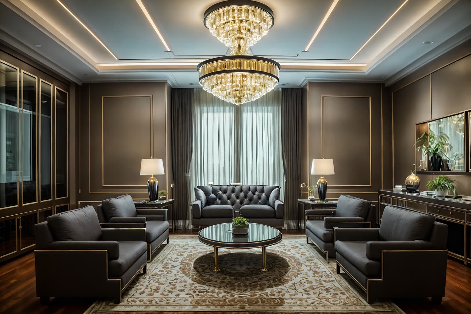 luxury-style (office interior) with desk lamps and cabinets and windows and lounge chairs and seating area with sofa and office desks and plants and office chairs. . . cinematic photo, highly detailed, cinematic lighting, ultra-detailed, ultrarealistic, photorealism, 8k. luxury interior design style. masterpiece, cinematic light, ultrarealistic+, photorealistic+, 8k, raw photo, realistic, sharp focus on eyes, (symmetrical eyes), (intact eyes), hyperrealistic, highest quality, best quality, , highly detailed, masterpiece, best quality, extremely detailed 8k wallpaper, masterpiece, best quality, ultra-detailed, best shadow, detailed background, detailed face, detailed eyes, high contrast, best illumination, detailed face, dulux, caustic, dynamic angle, detailed glow. dramatic lighting. highly detailed, insanely detailed hair, symmetrical, intricate details, professionally retouched, 8k high definition. strong bokeh. award winning photo.