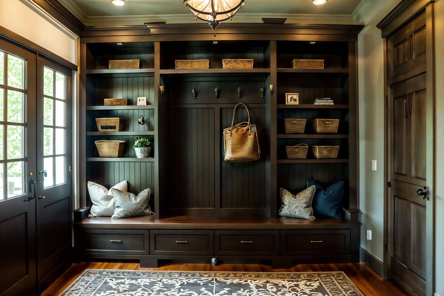 luxury-style (mudroom interior) with high up storage and a bench and shelves for shoes and storage baskets and cubbies and cabinets and storage drawers and wall hooks for coats. . . cinematic photo, highly detailed, cinematic lighting, ultra-detailed, ultrarealistic, photorealism, 8k. luxury interior design style. masterpiece, cinematic light, ultrarealistic+, photorealistic+, 8k, raw photo, realistic, sharp focus on eyes, (symmetrical eyes), (intact eyes), hyperrealistic, highest quality, best quality, , highly detailed, masterpiece, best quality, extremely detailed 8k wallpaper, masterpiece, best quality, ultra-detailed, best shadow, detailed background, detailed face, detailed eyes, high contrast, best illumination, detailed face, dulux, caustic, dynamic angle, detailed glow. dramatic lighting. highly detailed, insanely detailed hair, symmetrical, intricate details, professionally retouched, 8k high definition. strong bokeh. award winning photo.