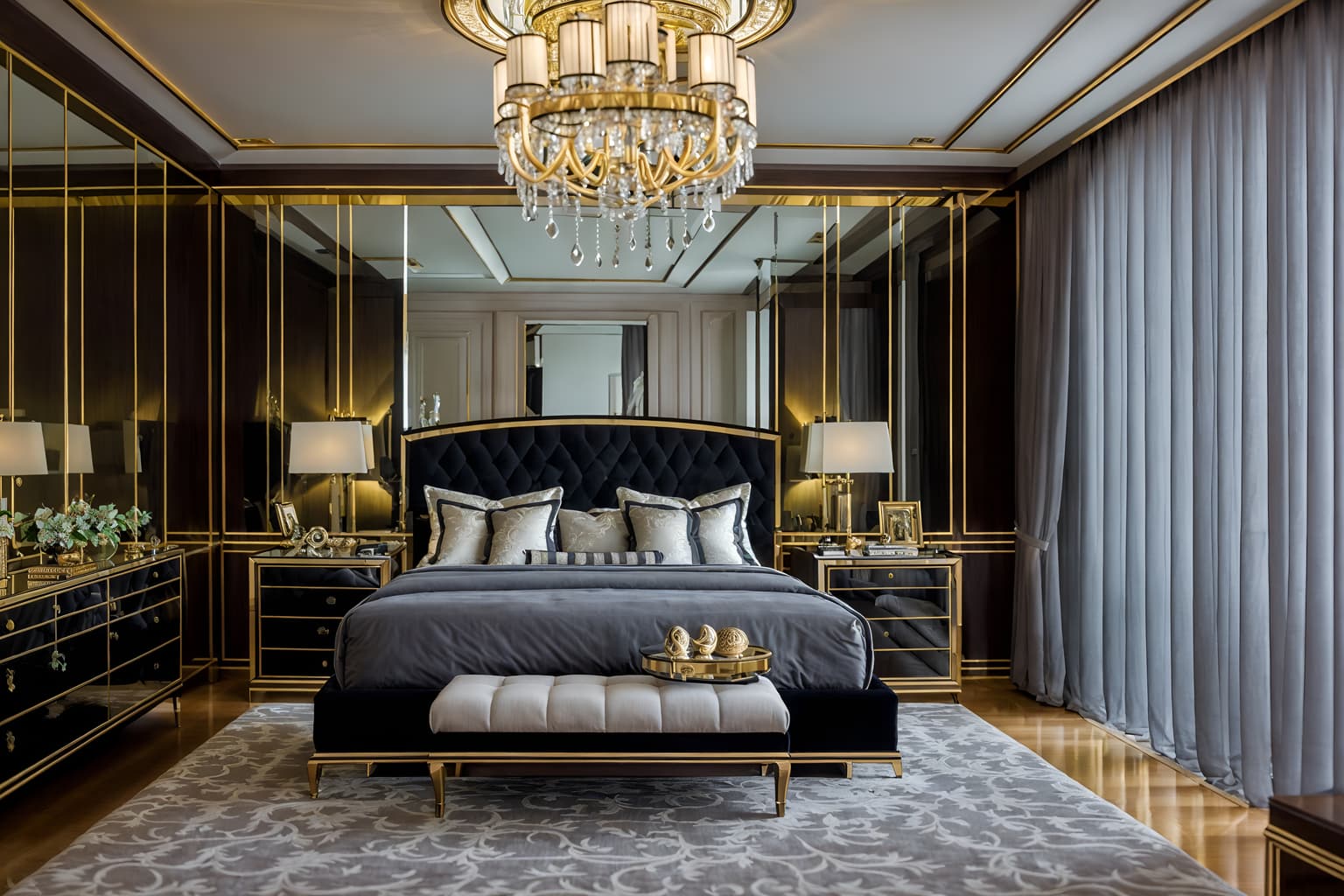 luxury-style (bedroom interior) with dresser closet and plant and headboard and bedside table or night stand and mirror and bed and storage bench or ottoman and night light. . . cinematic photo, highly detailed, cinematic lighting, ultra-detailed, ultrarealistic, photorealism, 8k. luxury interior design style. masterpiece, cinematic light, ultrarealistic+, photorealistic+, 8k, raw photo, realistic, sharp focus on eyes, (symmetrical eyes), (intact eyes), hyperrealistic, highest quality, best quality, , highly detailed, masterpiece, best quality, extremely detailed 8k wallpaper, masterpiece, best quality, ultra-detailed, best shadow, detailed background, detailed face, detailed eyes, high contrast, best illumination, detailed face, dulux, caustic, dynamic angle, detailed glow. dramatic lighting. highly detailed, insanely detailed hair, symmetrical, intricate details, professionally retouched, 8k high definition. strong bokeh. award winning photo.