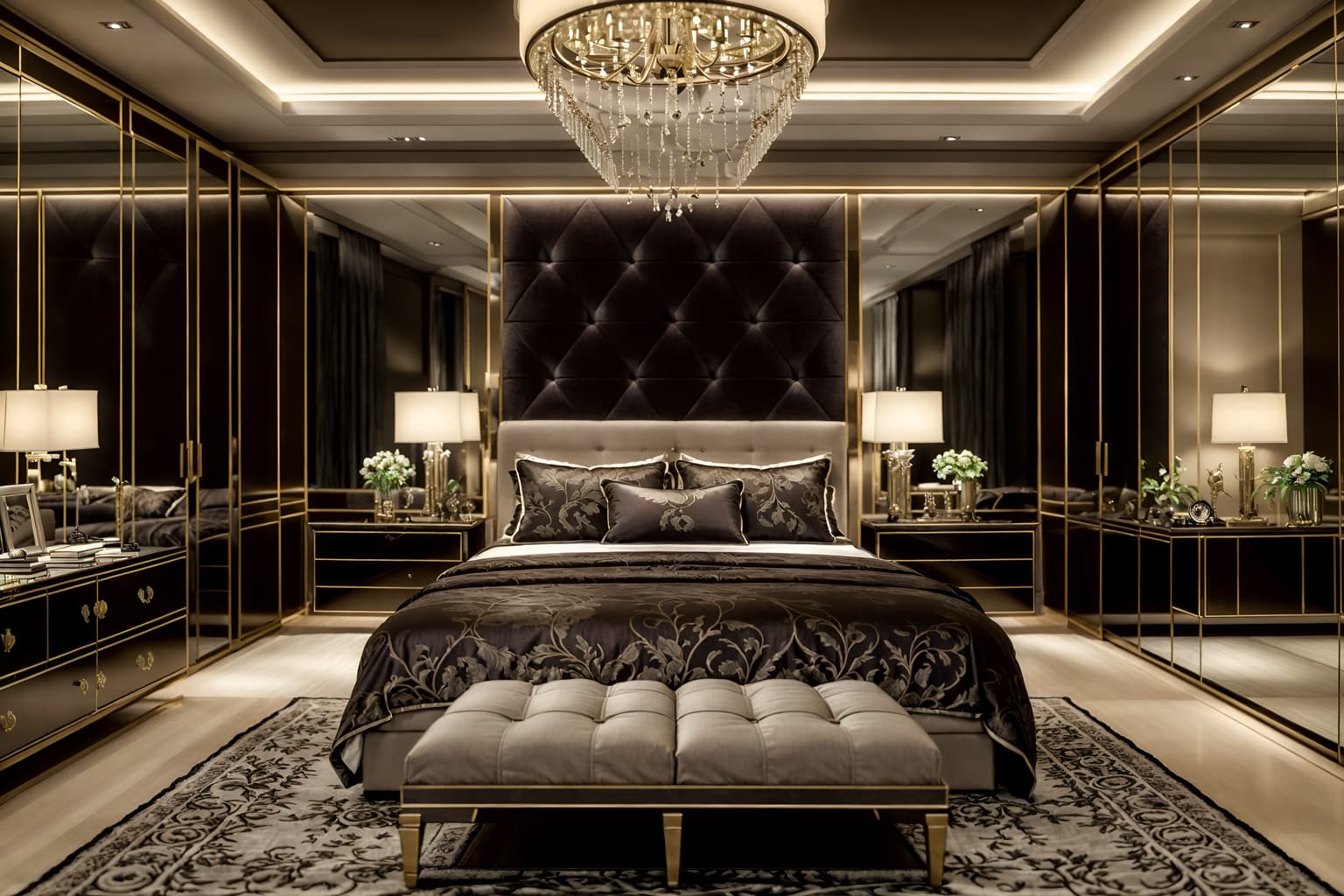 luxury-style (bedroom interior) with dresser closet and plant and headboard and bedside table or night stand and mirror and bed and storage bench or ottoman and night light. . . cinematic photo, highly detailed, cinematic lighting, ultra-detailed, ultrarealistic, photorealism, 8k. luxury interior design style. masterpiece, cinematic light, ultrarealistic+, photorealistic+, 8k, raw photo, realistic, sharp focus on eyes, (symmetrical eyes), (intact eyes), hyperrealistic, highest quality, best quality, , highly detailed, masterpiece, best quality, extremely detailed 8k wallpaper, masterpiece, best quality, ultra-detailed, best shadow, detailed background, detailed face, detailed eyes, high contrast, best illumination, detailed face, dulux, caustic, dynamic angle, detailed glow. dramatic lighting. highly detailed, insanely detailed hair, symmetrical, intricate details, professionally retouched, 8k high definition. strong bokeh. award winning photo.