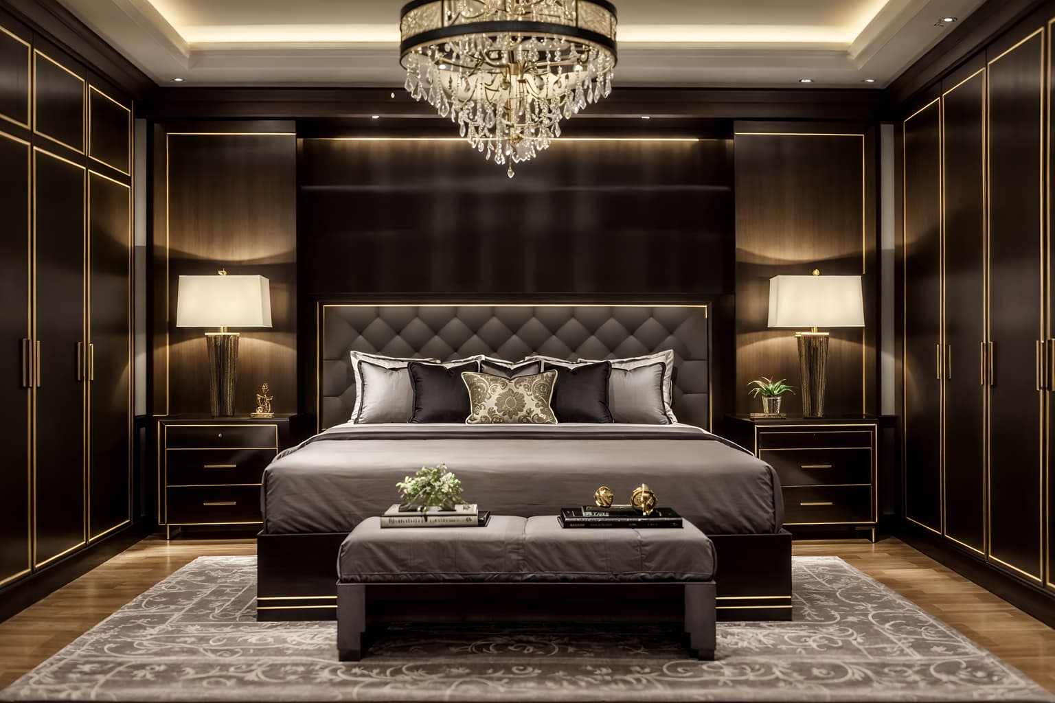 luxury-style (bedroom interior) with dresser closet and plant and headboard and bedside table or night stand and mirror and bed and storage bench or ottoman and night light. . . cinematic photo, highly detailed, cinematic lighting, ultra-detailed, ultrarealistic, photorealism, 8k. luxury interior design style. masterpiece, cinematic light, ultrarealistic+, photorealistic+, 8k, raw photo, realistic, sharp focus on eyes, (symmetrical eyes), (intact eyes), hyperrealistic, highest quality, best quality, , highly detailed, masterpiece, best quality, extremely detailed 8k wallpaper, masterpiece, best quality, ultra-detailed, best shadow, detailed background, detailed face, detailed eyes, high contrast, best illumination, detailed face, dulux, caustic, dynamic angle, detailed glow. dramatic lighting. highly detailed, insanely detailed hair, symmetrical, intricate details, professionally retouched, 8k high definition. strong bokeh. award winning photo.