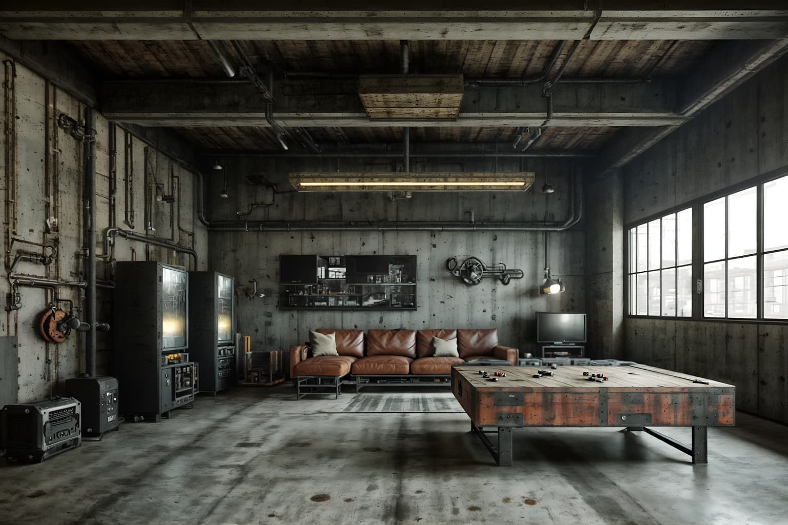 industrial-style (gaming room interior) . with reclaimed wood and neutral tones and open floorplan and raw aesthetic and metal panels and exposed concrete and utilitarian objects and exposed rafters. . cinematic photo, highly detailed, cinematic lighting, ultra-detailed, ultrarealistic, photorealism, 8k. industrial interior design style. masterpiece, cinematic light, ultrarealistic+, photorealistic+, 8k, raw photo, realistic, sharp focus on eyes, (symmetrical eyes), (intact eyes), hyperrealistic, highest quality, best quality, , highly detailed, masterpiece, best quality, extremely detailed 8k wallpaper, masterpiece, best quality, ultra-detailed, best shadow, detailed background, detailed face, detailed eyes, high contrast, best illumination, detailed face, dulux, caustic, dynamic angle, detailed glow. dramatic lighting. highly detailed, insanely detailed hair, symmetrical, intricate details, professionally retouched, 8k high definition. strong bokeh. award winning photo.
