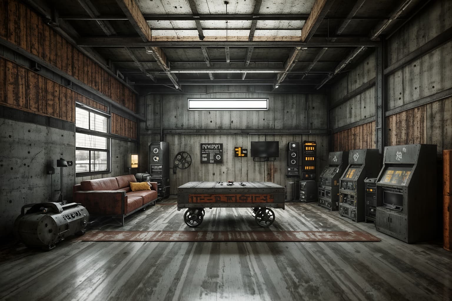 industrial-style (gaming room interior) . with reclaimed wood and neutral tones and open floorplan and raw aesthetic and metal panels and exposed concrete and utilitarian objects and exposed rafters. . cinematic photo, highly detailed, cinematic lighting, ultra-detailed, ultrarealistic, photorealism, 8k. industrial interior design style. masterpiece, cinematic light, ultrarealistic+, photorealistic+, 8k, raw photo, realistic, sharp focus on eyes, (symmetrical eyes), (intact eyes), hyperrealistic, highest quality, best quality, , highly detailed, masterpiece, best quality, extremely detailed 8k wallpaper, masterpiece, best quality, ultra-detailed, best shadow, detailed background, detailed face, detailed eyes, high contrast, best illumination, detailed face, dulux, caustic, dynamic angle, detailed glow. dramatic lighting. highly detailed, insanely detailed hair, symmetrical, intricate details, professionally retouched, 8k high definition. strong bokeh. award winning photo.