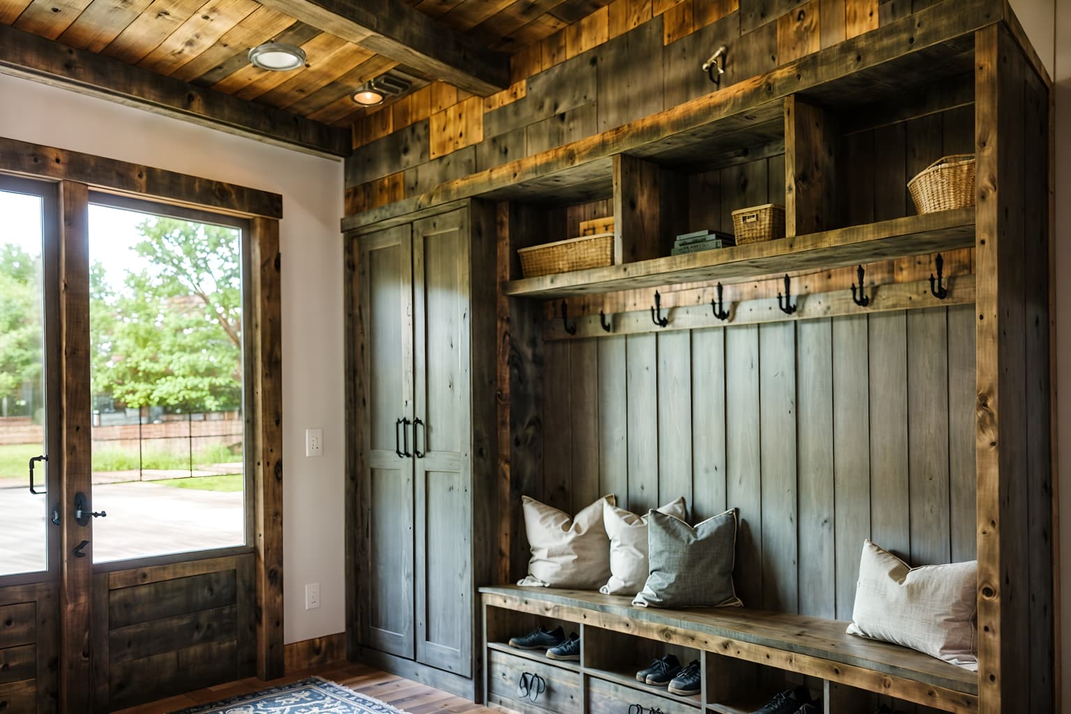 industrial-style (mudroom interior) with shelves for shoes and storage drawers and cubbies and high up storage and wall hooks for coats and storage baskets and a bench and cabinets. . with exposed rafters and reclaimed wood and factory style and exposed brick and raw aesthetic and open floorplan and exposed concrete and neutral tones. . cinematic photo, highly detailed, cinematic lighting, ultra-detailed, ultrarealistic, photorealism, 8k. industrial interior design style. masterpiece, cinematic light, ultrarealistic+, photorealistic+, 8k, raw photo, realistic, sharp focus on eyes, (symmetrical eyes), (intact eyes), hyperrealistic, highest quality, best quality, , highly detailed, masterpiece, best quality, extremely detailed 8k wallpaper, masterpiece, best quality, ultra-detailed, best shadow, detailed background, detailed face, detailed eyes, high contrast, best illumination, detailed face, dulux, caustic, dynamic angle, detailed glow. dramatic lighting. highly detailed, insanely detailed hair, symmetrical, intricate details, professionally retouched, 8k high definition. strong bokeh. award winning photo.