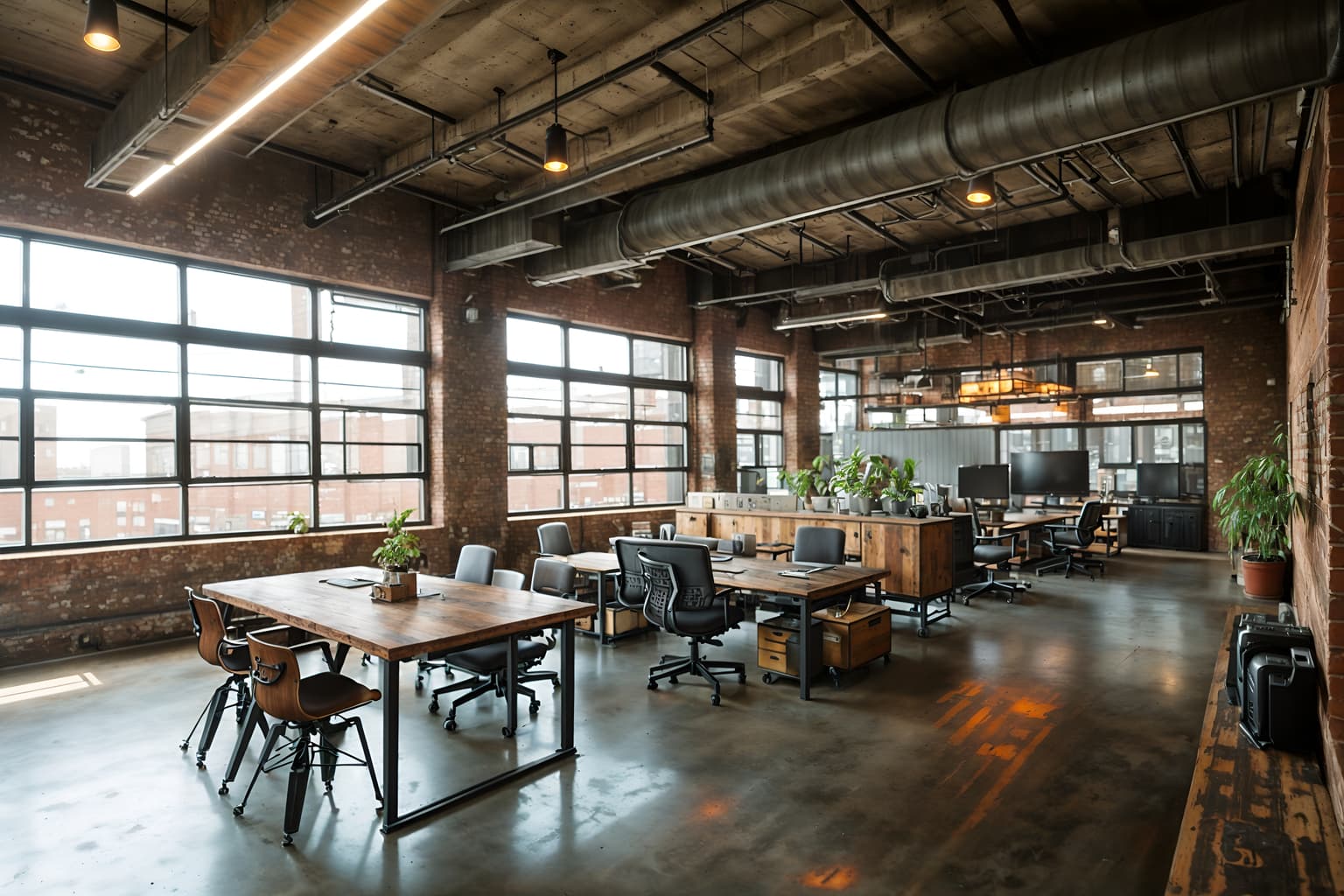 industrial-style (office interior) with office desks and computer desks and lounge chairs and cabinets and desk lamps and windows and seating area with sofa and plants. . with exposed rafters and reclaimed wood and factory style and utilitarian objects and neutral tones and metal panels and exposed brick and open floorplan. . cinematic photo, highly detailed, cinematic lighting, ultra-detailed, ultrarealistic, photorealism, 8k. industrial interior design style. masterpiece, cinematic light, ultrarealistic+, photorealistic+, 8k, raw photo, realistic, sharp focus on eyes, (symmetrical eyes), (intact eyes), hyperrealistic, highest quality, best quality, , highly detailed, masterpiece, best quality, extremely detailed 8k wallpaper, masterpiece, best quality, ultra-detailed, best shadow, detailed background, detailed face, detailed eyes, high contrast, best illumination, detailed face, dulux, caustic, dynamic angle, detailed glow. dramatic lighting. highly detailed, insanely detailed hair, symmetrical, intricate details, professionally retouched, 8k high definition. strong bokeh. award winning photo.