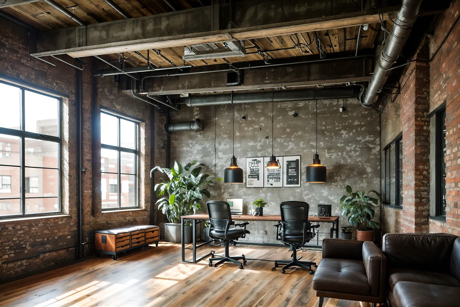 industrial-style (office interior) with office desks and computer desks and lounge chairs and cabinets and desk lamps and windows and seating area with sofa and plants. . with exposed rafters and reclaimed wood and factory style and utilitarian objects and neutral tones and metal panels and exposed brick and open floorplan. . cinematic photo, highly detailed, cinematic lighting, ultra-detailed, ultrarealistic, photorealism, 8k. industrial interior design style. masterpiece, cinematic light, ultrarealistic+, photorealistic+, 8k, raw photo, realistic, sharp focus on eyes, (symmetrical eyes), (intact eyes), hyperrealistic, highest quality, best quality, , highly detailed, masterpiece, best quality, extremely detailed 8k wallpaper, masterpiece, best quality, ultra-detailed, best shadow, detailed background, detailed face, detailed eyes, high contrast, best illumination, detailed face, dulux, caustic, dynamic angle, detailed glow. dramatic lighting. highly detailed, insanely detailed hair, symmetrical, intricate details, professionally retouched, 8k high definition. strong bokeh. award winning photo.
