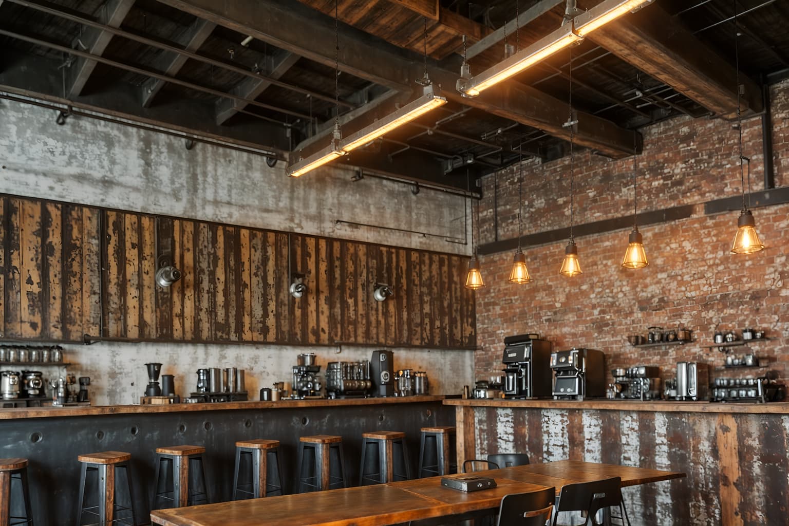 industrial-style (coffee shop interior) . with reclaimed wood and utilitarian objects and exposed brick and metal panels and neutral tones and factory style and exposed concrete and exposed rafters. . cinematic photo, highly detailed, cinematic lighting, ultra-detailed, ultrarealistic, photorealism, 8k. industrial interior design style. masterpiece, cinematic light, ultrarealistic+, photorealistic+, 8k, raw photo, realistic, sharp focus on eyes, (symmetrical eyes), (intact eyes), hyperrealistic, highest quality, best quality, , highly detailed, masterpiece, best quality, extremely detailed 8k wallpaper, masterpiece, best quality, ultra-detailed, best shadow, detailed background, detailed face, detailed eyes, high contrast, best illumination, detailed face, dulux, caustic, dynamic angle, detailed glow. dramatic lighting. highly detailed, insanely detailed hair, symmetrical, intricate details, professionally retouched, 8k high definition. strong bokeh. award winning photo.