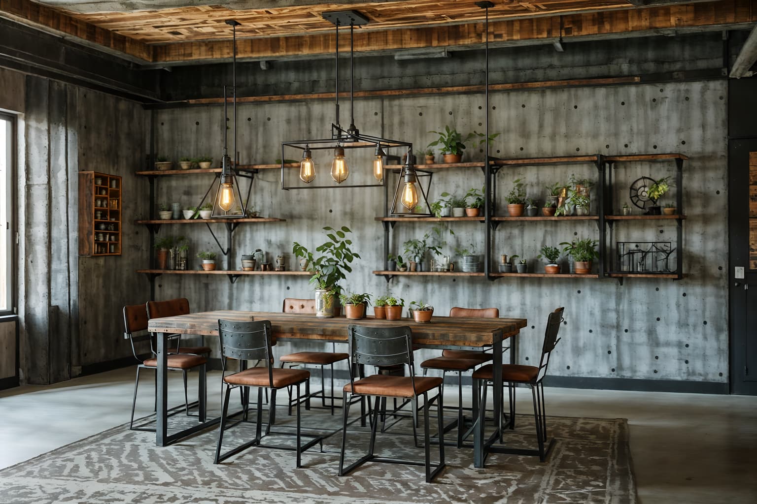 industrial-style (dining room interior) with bookshelves and dining table and vase and light or chandelier and table cloth and plant and painting or photo on wall and dining table chairs. . with neutral tones and factory style and metal panels and raw aesthetic and reclaimed wood and exposed concrete and open floorplan and exposed rafters. . cinematic photo, highly detailed, cinematic lighting, ultra-detailed, ultrarealistic, photorealism, 8k. industrial interior design style. masterpiece, cinematic light, ultrarealistic+, photorealistic+, 8k, raw photo, realistic, sharp focus on eyes, (symmetrical eyes), (intact eyes), hyperrealistic, highest quality, best quality, , highly detailed, masterpiece, best quality, extremely detailed 8k wallpaper, masterpiece, best quality, ultra-detailed, best shadow, detailed background, detailed face, detailed eyes, high contrast, best illumination, detailed face, dulux, caustic, dynamic angle, detailed glow. dramatic lighting. highly detailed, insanely detailed hair, symmetrical, intricate details, professionally retouched, 8k high definition. strong bokeh. award winning photo.