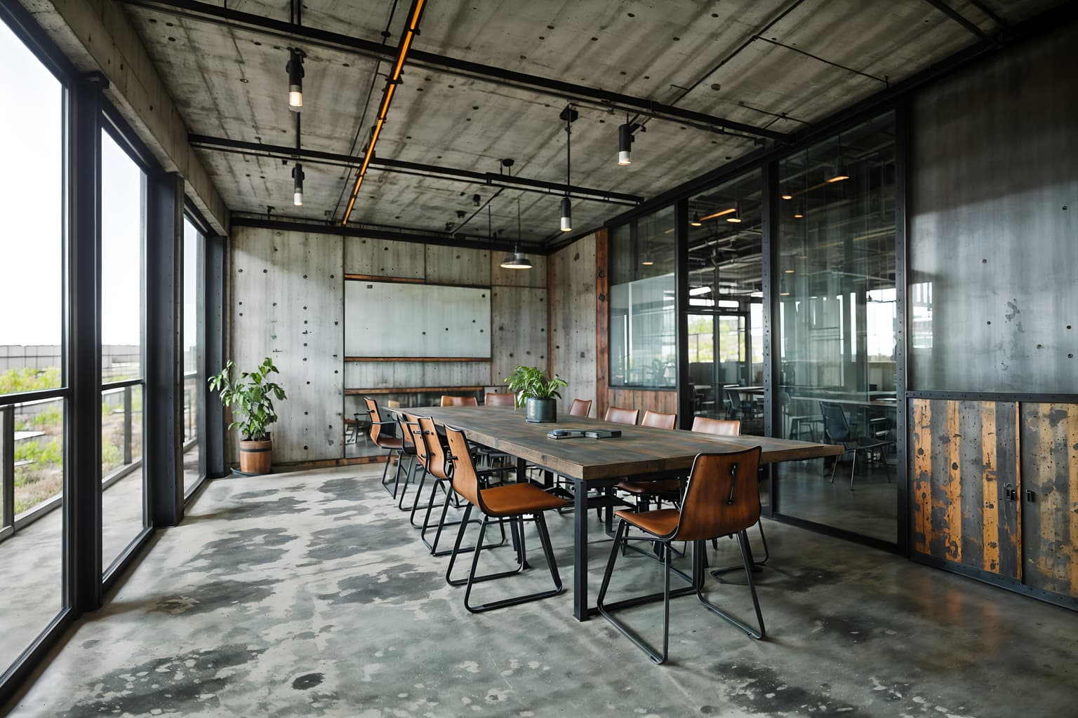 industrial-style (meeting room interior) with glass doors and office chairs and boardroom table and glass walls and cabinets and vase and plant and painting or photo on wall. . with exposed concrete and open floorplan and reclaimed wood and exposed rafters and utilitarian objects and raw aesthetic and factory style and metal panels. . cinematic photo, highly detailed, cinematic lighting, ultra-detailed, ultrarealistic, photorealism, 8k. industrial interior design style. masterpiece, cinematic light, ultrarealistic+, photorealistic+, 8k, raw photo, realistic, sharp focus on eyes, (symmetrical eyes), (intact eyes), hyperrealistic, highest quality, best quality, , highly detailed, masterpiece, best quality, extremely detailed 8k wallpaper, masterpiece, best quality, ultra-detailed, best shadow, detailed background, detailed face, detailed eyes, high contrast, best illumination, detailed face, dulux, caustic, dynamic angle, detailed glow. dramatic lighting. highly detailed, insanely detailed hair, symmetrical, intricate details, professionally retouched, 8k high definition. strong bokeh. award winning photo.