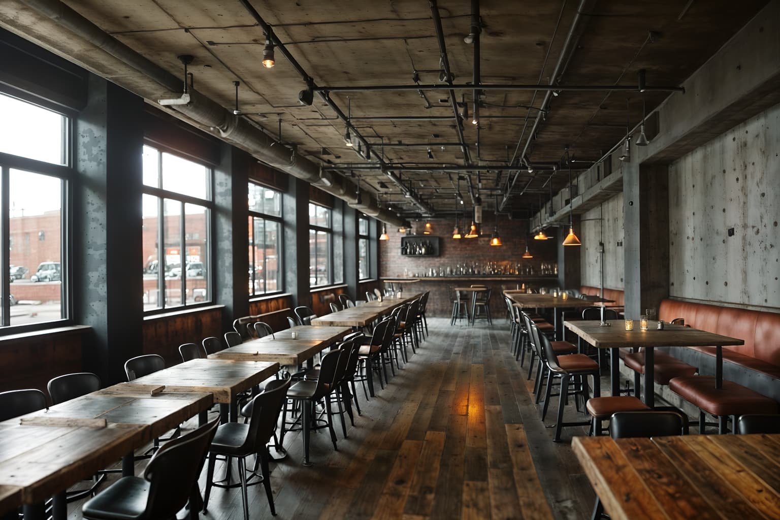 industrial-style (restaurant interior) with restaurant dining tables and restaurant bar and restaurant decor and restaurant chairs and restaurant dining tables. . with metal panels and utilitarian objects and reclaimed wood and raw aesthetic and neutral tones and exposed brick and open floorplan and exposed concrete. . cinematic photo, highly detailed, cinematic lighting, ultra-detailed, ultrarealistic, photorealism, 8k. industrial interior design style. masterpiece, cinematic light, ultrarealistic+, photorealistic+, 8k, raw photo, realistic, sharp focus on eyes, (symmetrical eyes), (intact eyes), hyperrealistic, highest quality, best quality, , highly detailed, masterpiece, best quality, extremely detailed 8k wallpaper, masterpiece, best quality, ultra-detailed, best shadow, detailed background, detailed face, detailed eyes, high contrast, best illumination, detailed face, dulux, caustic, dynamic angle, detailed glow. dramatic lighting. highly detailed, insanely detailed hair, symmetrical, intricate details, professionally retouched, 8k high definition. strong bokeh. award winning photo.