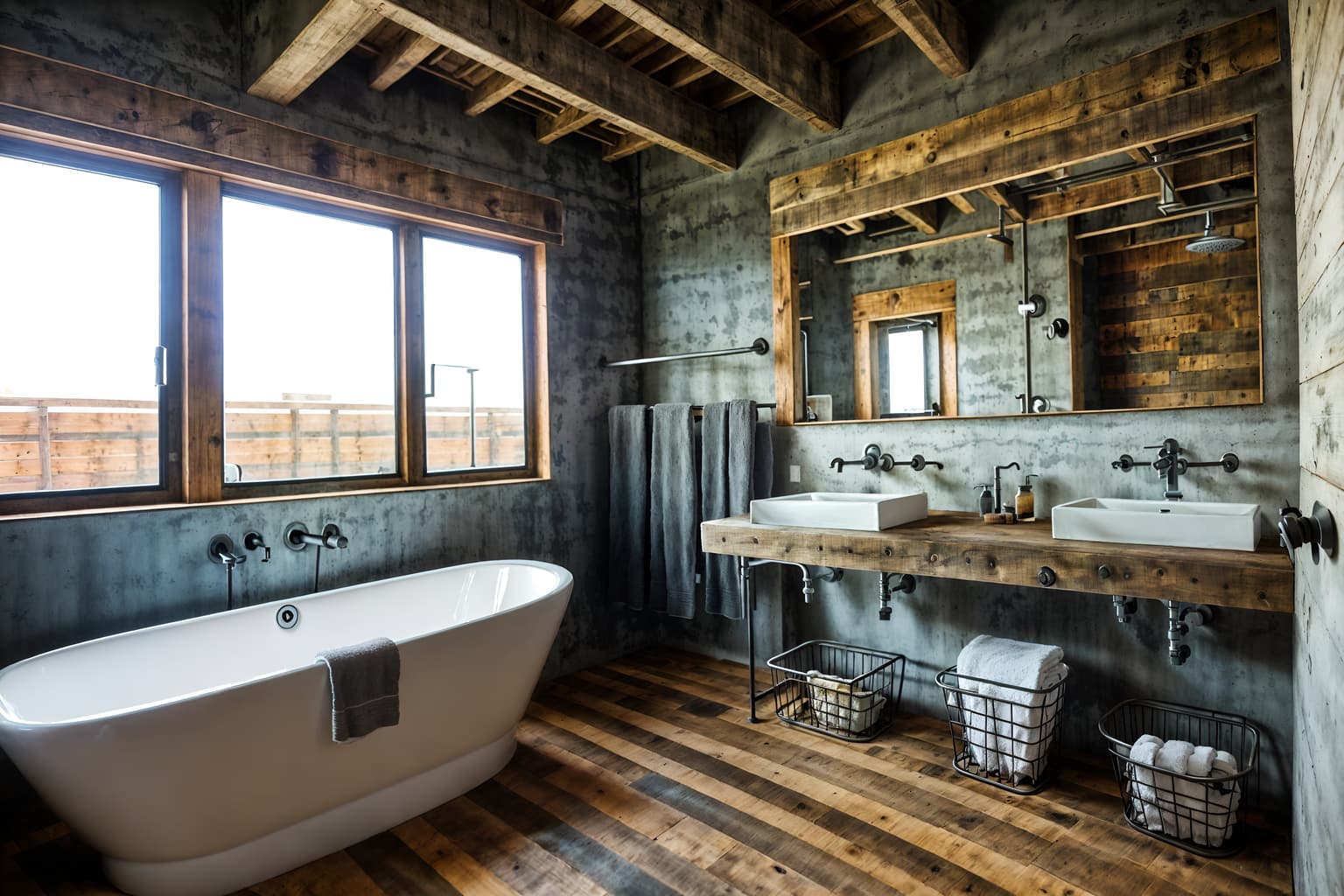 industrial-style (hotel bathroom interior) with toilet seat and shower and bathroom sink with faucet and bathroom cabinet and mirror and bath rail and waste basket and bath towel. . with exposed rafters and reclaimed wood and exposed concrete and utilitarian objects and exposed brick and factory style and neutral tones and open floorplan. . cinematic photo, highly detailed, cinematic lighting, ultra-detailed, ultrarealistic, photorealism, 8k. industrial interior design style. masterpiece, cinematic light, ultrarealistic+, photorealistic+, 8k, raw photo, realistic, sharp focus on eyes, (symmetrical eyes), (intact eyes), hyperrealistic, highest quality, best quality, , highly detailed, masterpiece, best quality, extremely detailed 8k wallpaper, masterpiece, best quality, ultra-detailed, best shadow, detailed background, detailed face, detailed eyes, high contrast, best illumination, detailed face, dulux, caustic, dynamic angle, detailed glow. dramatic lighting. highly detailed, insanely detailed hair, symmetrical, intricate details, professionally retouched, 8k high definition. strong bokeh. award winning photo.