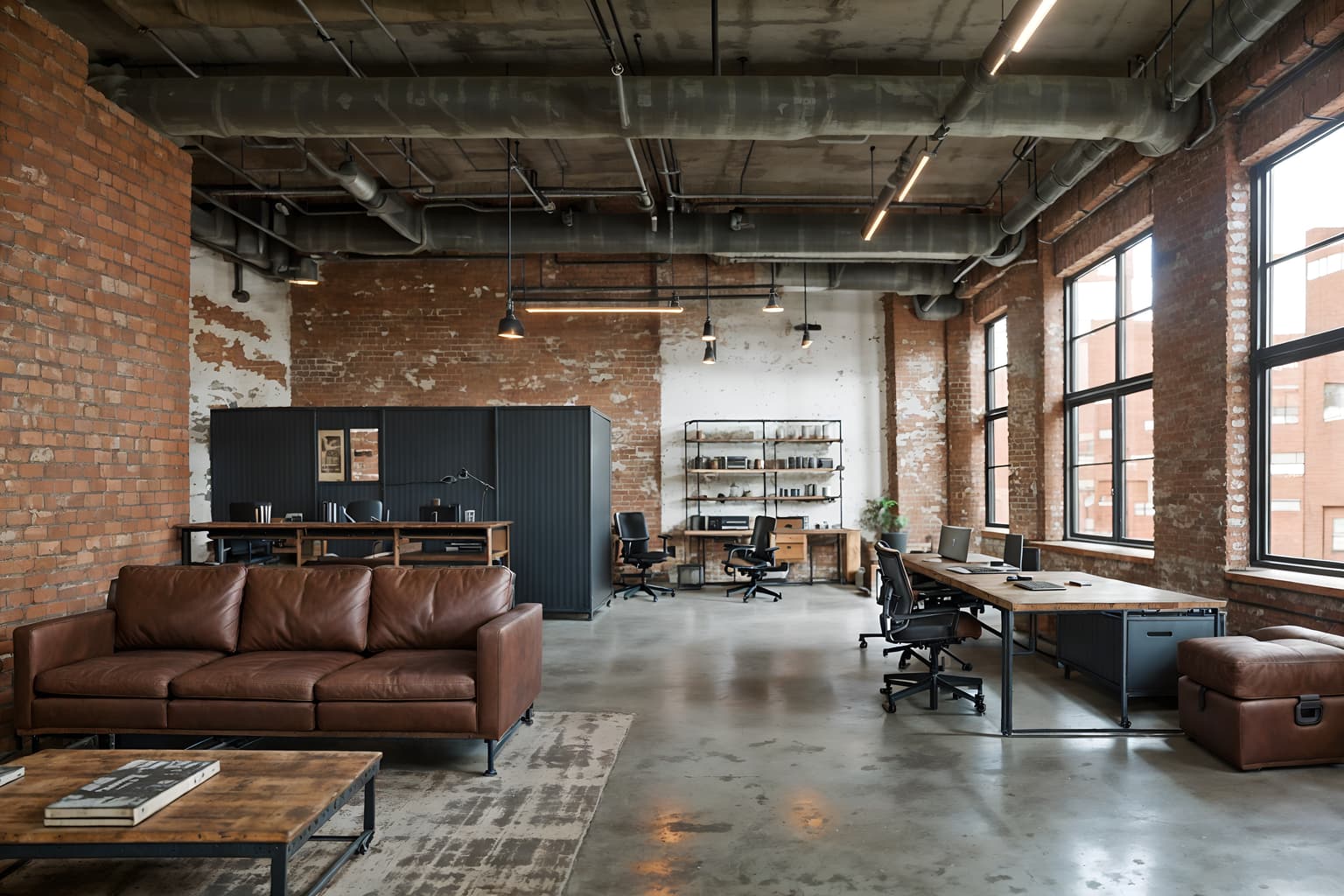 industrial-style (coworking space interior) with office desks and office chairs and seating area with sofa and lounge chairs and office desks. . with exposed brick and neutral tones and reclaimed wood and open floorplan and metal panels and factory style and utilitarian objects and exposed concrete. . cinematic photo, highly detailed, cinematic lighting, ultra-detailed, ultrarealistic, photorealism, 8k. industrial interior design style. masterpiece, cinematic light, ultrarealistic+, photorealistic+, 8k, raw photo, realistic, sharp focus on eyes, (symmetrical eyes), (intact eyes), hyperrealistic, highest quality, best quality, , highly detailed, masterpiece, best quality, extremely detailed 8k wallpaper, masterpiece, best quality, ultra-detailed, best shadow, detailed background, detailed face, detailed eyes, high contrast, best illumination, detailed face, dulux, caustic, dynamic angle, detailed glow. dramatic lighting. highly detailed, insanely detailed hair, symmetrical, intricate details, professionally retouched, 8k high definition. strong bokeh. award winning photo.