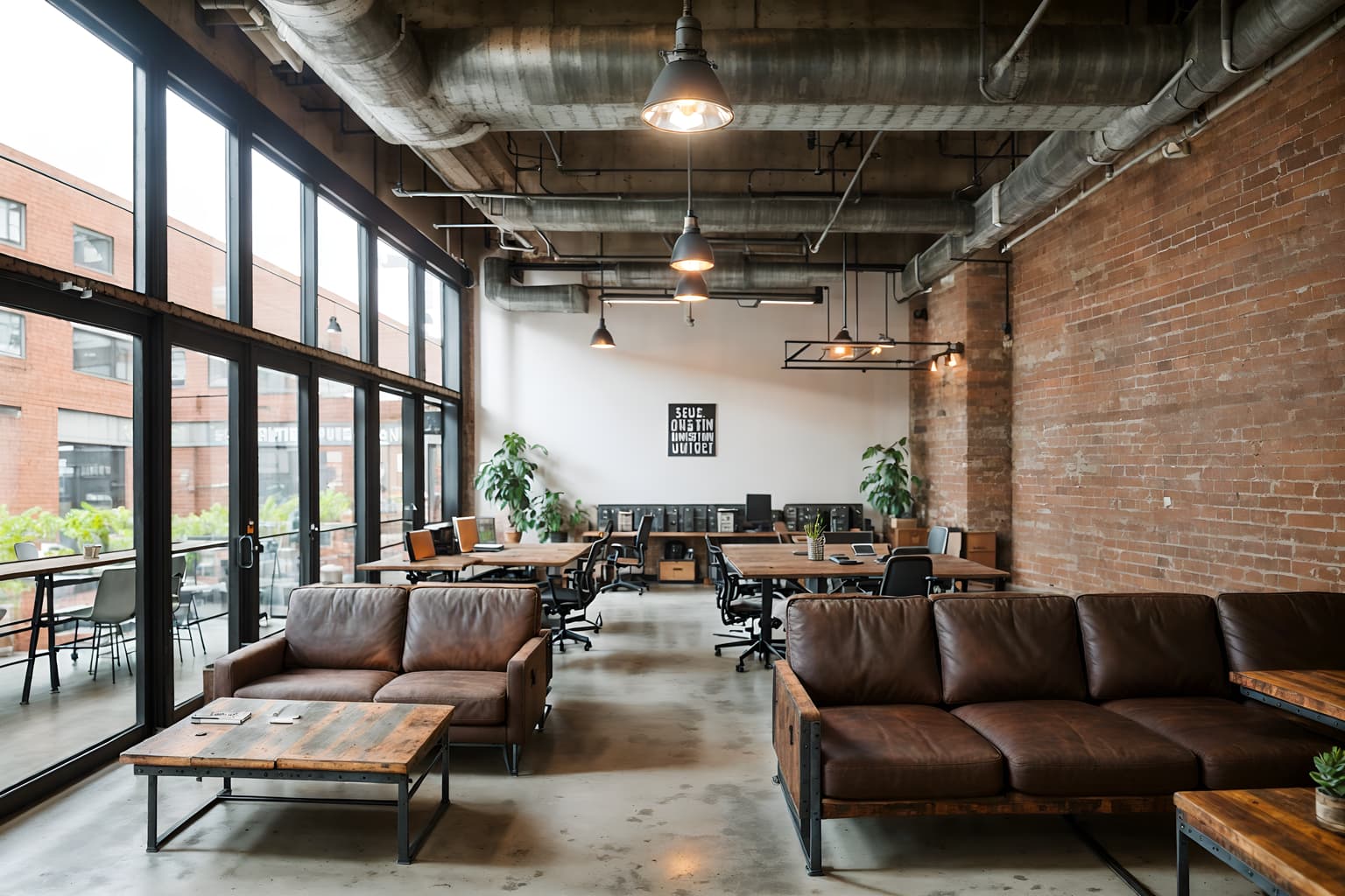 industrial-style (coworking space interior) with office desks and office chairs and seating area with sofa and lounge chairs and office desks. . with exposed brick and neutral tones and reclaimed wood and open floorplan and metal panels and factory style and utilitarian objects and exposed concrete. . cinematic photo, highly detailed, cinematic lighting, ultra-detailed, ultrarealistic, photorealism, 8k. industrial interior design style. masterpiece, cinematic light, ultrarealistic+, photorealistic+, 8k, raw photo, realistic, sharp focus on eyes, (symmetrical eyes), (intact eyes), hyperrealistic, highest quality, best quality, , highly detailed, masterpiece, best quality, extremely detailed 8k wallpaper, masterpiece, best quality, ultra-detailed, best shadow, detailed background, detailed face, detailed eyes, high contrast, best illumination, detailed face, dulux, caustic, dynamic angle, detailed glow. dramatic lighting. highly detailed, insanely detailed hair, symmetrical, intricate details, professionally retouched, 8k high definition. strong bokeh. award winning photo.