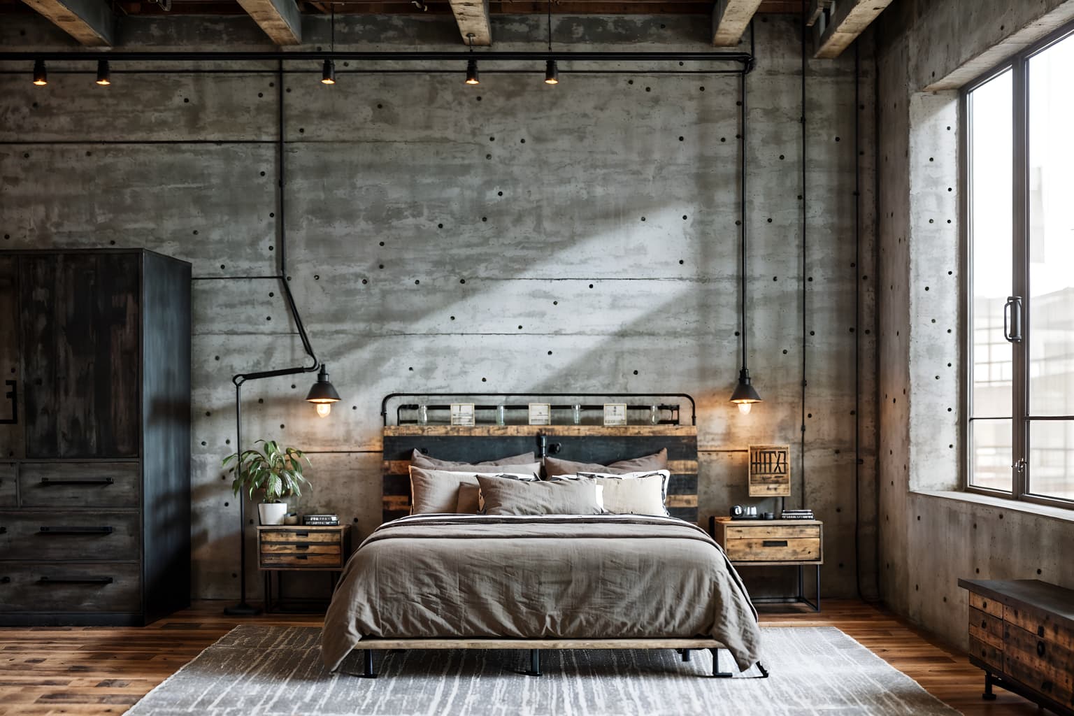 industrial-style (hotel room interior) with bedside table or night stand and working desk with desk chair and plant and bed and storage bench or ottoman and hotel bathroom and dresser closet and mirror. . with reclaimed wood and exposed concrete and factory style and raw aesthetic and neutral tones and exposed rafters and utilitarian objects and exposed brick. . cinematic photo, highly detailed, cinematic lighting, ultra-detailed, ultrarealistic, photorealism, 8k. industrial interior design style. masterpiece, cinematic light, ultrarealistic+, photorealistic+, 8k, raw photo, realistic, sharp focus on eyes, (symmetrical eyes), (intact eyes), hyperrealistic, highest quality, best quality, , highly detailed, masterpiece, best quality, extremely detailed 8k wallpaper, masterpiece, best quality, ultra-detailed, best shadow, detailed background, detailed face, detailed eyes, high contrast, best illumination, detailed face, dulux, caustic, dynamic angle, detailed glow. dramatic lighting. highly detailed, insanely detailed hair, symmetrical, intricate details, professionally retouched, 8k high definition. strong bokeh. award winning photo.