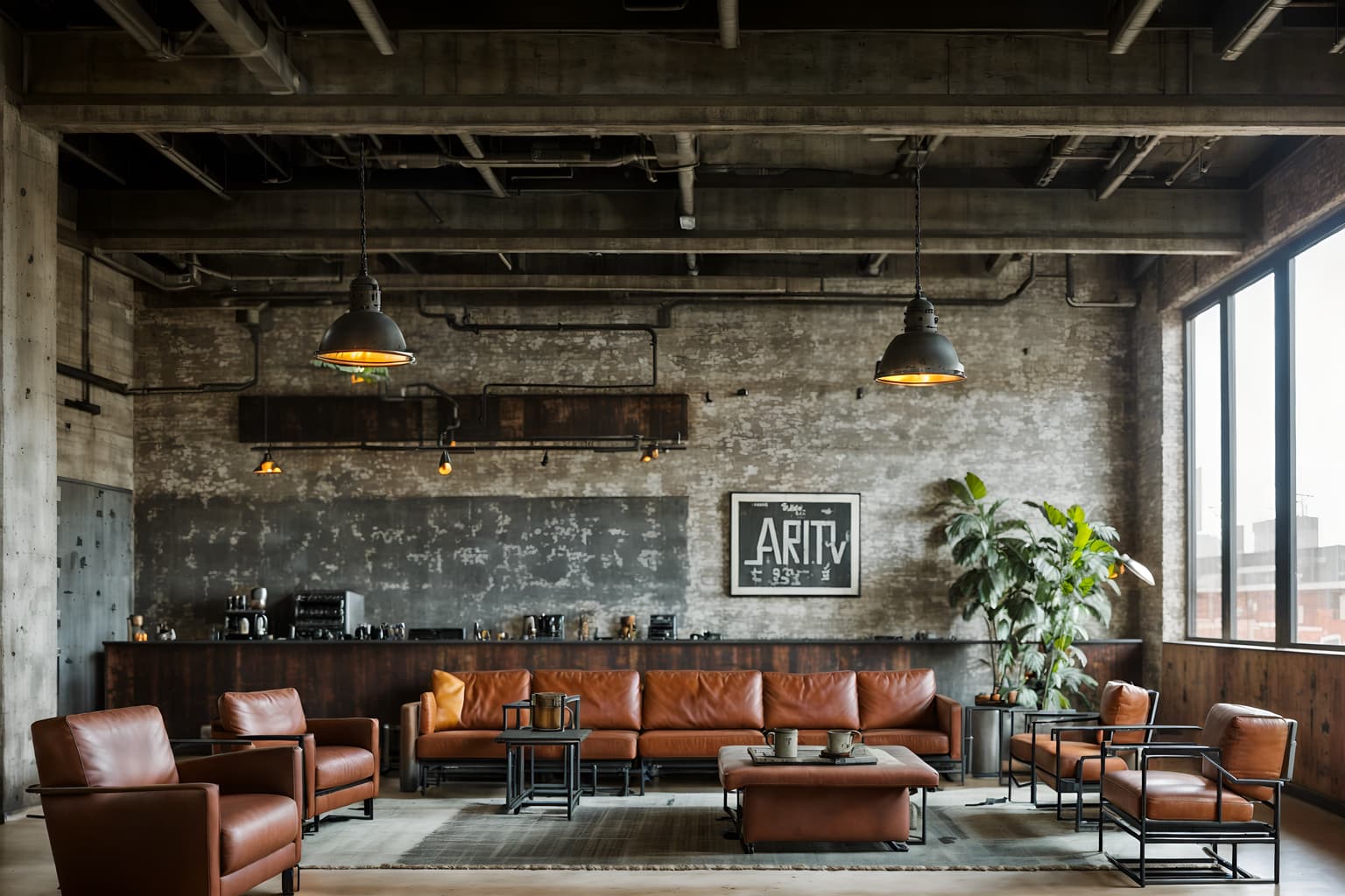 industrial-style (hotel lobby interior) with furniture and lounge chairs and hanging lamps and check in desk and coffee tables and plant and rug and sofas. . with exposed brick and exposed concrete and factory style and open floorplan and exposed rafters and utilitarian objects and reclaimed wood and metal panels. . cinematic photo, highly detailed, cinematic lighting, ultra-detailed, ultrarealistic, photorealism, 8k. industrial interior design style. masterpiece, cinematic light, ultrarealistic+, photorealistic+, 8k, raw photo, realistic, sharp focus on eyes, (symmetrical eyes), (intact eyes), hyperrealistic, highest quality, best quality, , highly detailed, masterpiece, best quality, extremely detailed 8k wallpaper, masterpiece, best quality, ultra-detailed, best shadow, detailed background, detailed face, detailed eyes, high contrast, best illumination, detailed face, dulux, caustic, dynamic angle, detailed glow. dramatic lighting. highly detailed, insanely detailed hair, symmetrical, intricate details, professionally retouched, 8k high definition. strong bokeh. award winning photo.