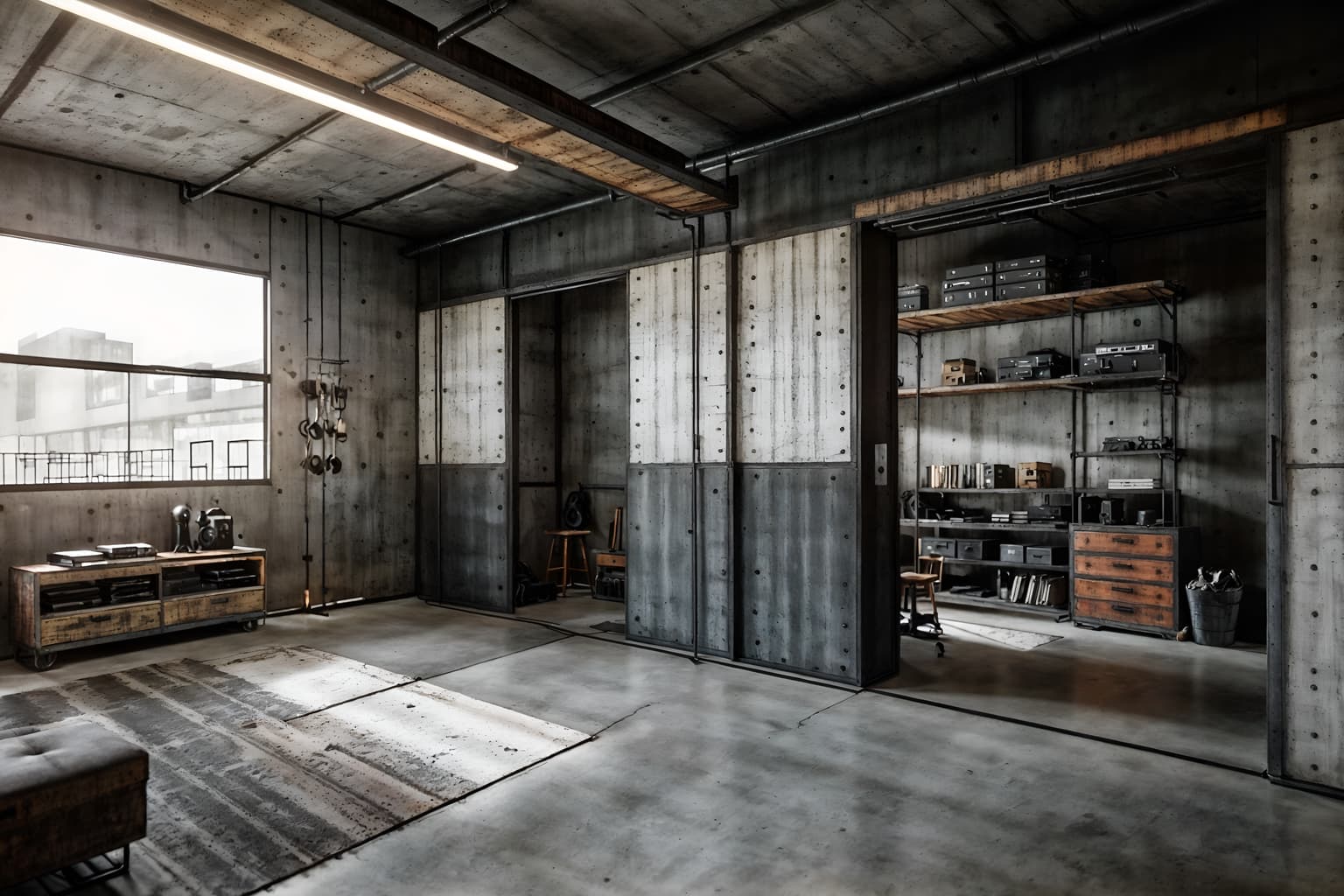 industrial-style (walk in closet interior) . with exposed concrete and utilitarian objects and reclaimed wood and neutral tones and exposed rafters and factory style and raw aesthetic and metal panels. . cinematic photo, highly detailed, cinematic lighting, ultra-detailed, ultrarealistic, photorealism, 8k. industrial interior design style. masterpiece, cinematic light, ultrarealistic+, photorealistic+, 8k, raw photo, realistic, sharp focus on eyes, (symmetrical eyes), (intact eyes), hyperrealistic, highest quality, best quality, , highly detailed, masterpiece, best quality, extremely detailed 8k wallpaper, masterpiece, best quality, ultra-detailed, best shadow, detailed background, detailed face, detailed eyes, high contrast, best illumination, detailed face, dulux, caustic, dynamic angle, detailed glow. dramatic lighting. highly detailed, insanely detailed hair, symmetrical, intricate details, professionally retouched, 8k high definition. strong bokeh. award winning photo.