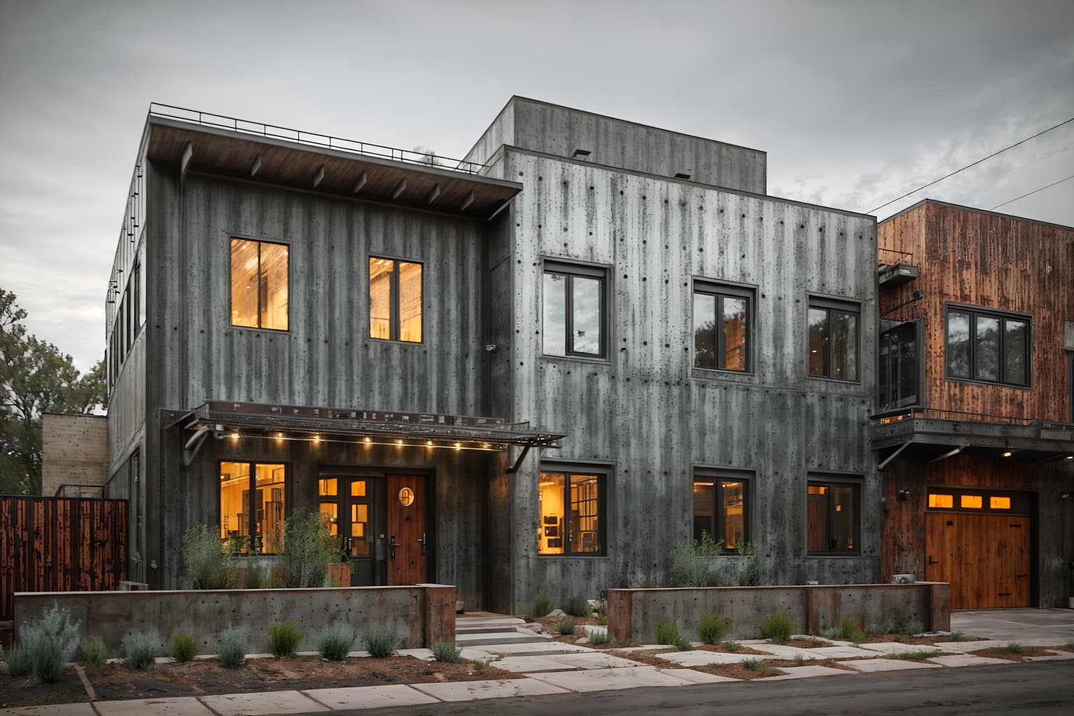 industrial-style exterior designed (house exterior exterior) . with metal panels and raw aesthetic and exposed brick and reclaimed wood and neutral tones and exposed concrete and utilitarian objects and factory style. . cinematic photo, highly detailed, cinematic lighting, ultra-detailed, ultrarealistic, photorealism, 8k. industrial exterior design style. masterpiece, cinematic light, ultrarealistic+, photorealistic+, 8k, raw photo, realistic, sharp focus on eyes, (symmetrical eyes), (intact eyes), hyperrealistic, highest quality, best quality, , highly detailed, masterpiece, best quality, extremely detailed 8k wallpaper, masterpiece, best quality, ultra-detailed, best shadow, detailed background, detailed face, detailed eyes, high contrast, best illumination, detailed face, dulux, caustic, dynamic angle, detailed glow. dramatic lighting. highly detailed, insanely detailed hair, symmetrical, intricate details, professionally retouched, 8k high definition. strong bokeh. award winning photo.