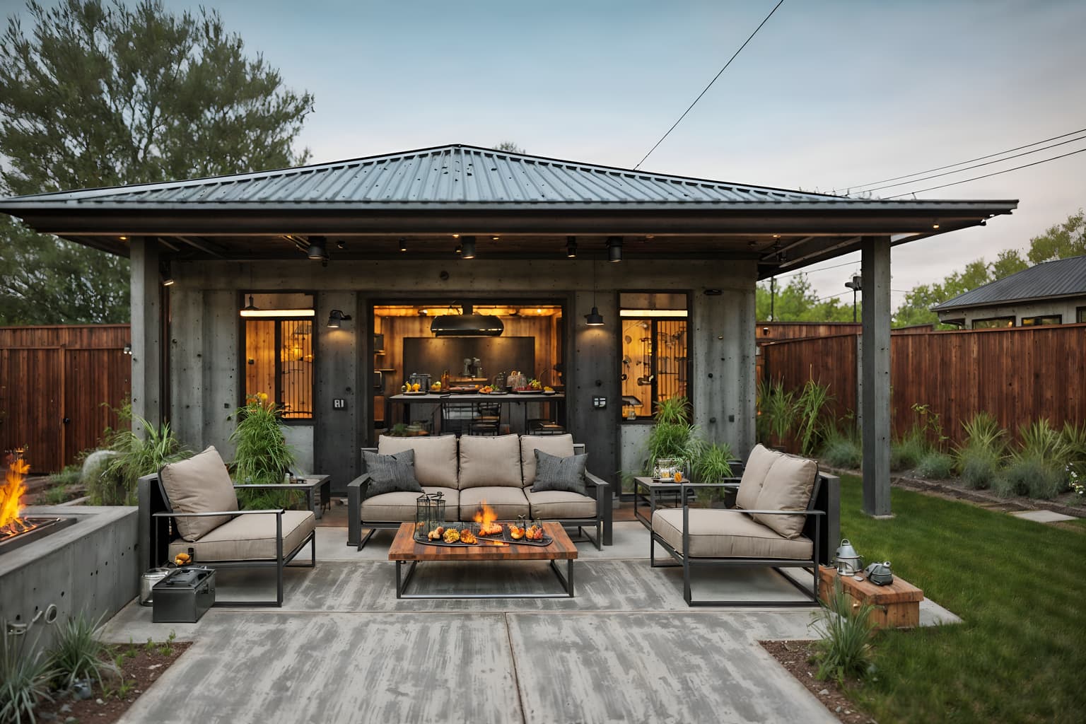 industrial-style designed (outdoor patio ) with barbeque or grill and deck with deck chairs and grass and plant and patio couch with pillows and barbeque or grill. . with metal panels and raw aesthetic and factory style and exposed concrete and neutral tones and open floorplan and utilitarian objects and reclaimed wood. . cinematic photo, highly detailed, cinematic lighting, ultra-detailed, ultrarealistic, photorealism, 8k. industrial design style. masterpiece, cinematic light, ultrarealistic+, photorealistic+, 8k, raw photo, realistic, sharp focus on eyes, (symmetrical eyes), (intact eyes), hyperrealistic, highest quality, best quality, , highly detailed, masterpiece, best quality, extremely detailed 8k wallpaper, masterpiece, best quality, ultra-detailed, best shadow, detailed background, detailed face, detailed eyes, high contrast, best illumination, detailed face, dulux, caustic, dynamic angle, detailed glow. dramatic lighting. highly detailed, insanely detailed hair, symmetrical, intricate details, professionally retouched, 8k high definition. strong bokeh. award winning photo.