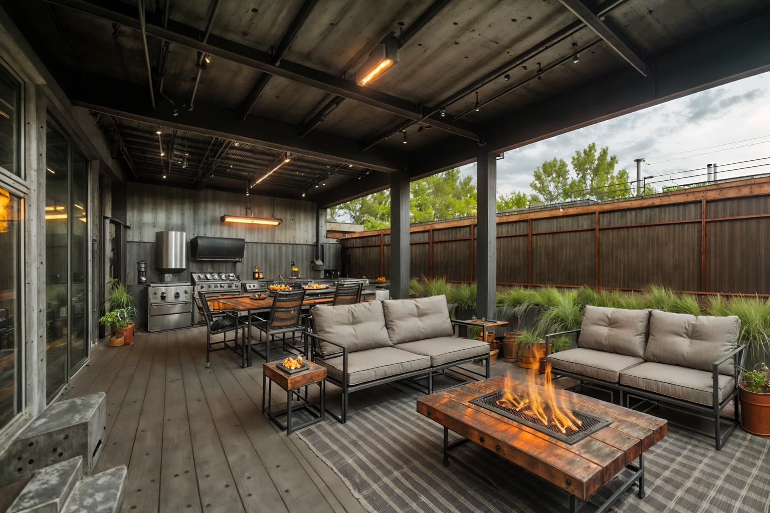 industrial-style designed (outdoor patio ) with barbeque or grill and deck with deck chairs and grass and plant and patio couch with pillows and barbeque or grill. . with metal panels and raw aesthetic and factory style and exposed concrete and neutral tones and open floorplan and utilitarian objects and reclaimed wood. . cinematic photo, highly detailed, cinematic lighting, ultra-detailed, ultrarealistic, photorealism, 8k. industrial design style. masterpiece, cinematic light, ultrarealistic+, photorealistic+, 8k, raw photo, realistic, sharp focus on eyes, (symmetrical eyes), (intact eyes), hyperrealistic, highest quality, best quality, , highly detailed, masterpiece, best quality, extremely detailed 8k wallpaper, masterpiece, best quality, ultra-detailed, best shadow, detailed background, detailed face, detailed eyes, high contrast, best illumination, detailed face, dulux, caustic, dynamic angle, detailed glow. dramatic lighting. highly detailed, insanely detailed hair, symmetrical, intricate details, professionally retouched, 8k high definition. strong bokeh. award winning photo.