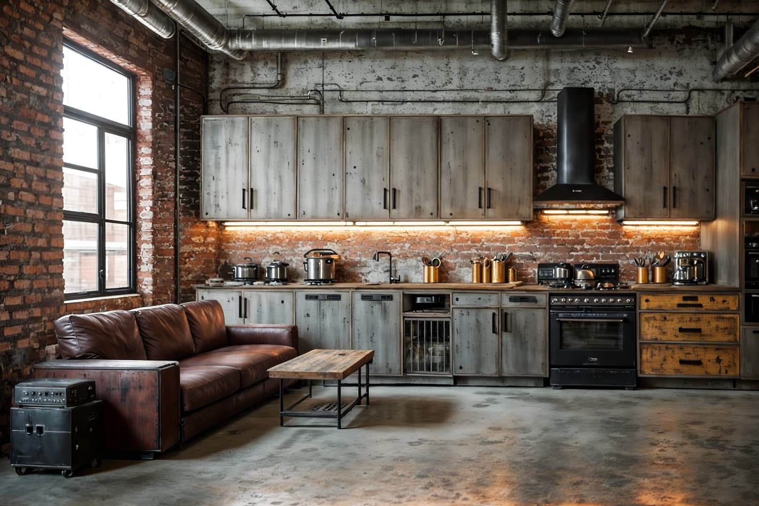 industrial-style (kitchen living combo interior) with televisions and sofa and kitchen cabinets and chairs and plant and electric lamps and sink and bookshelves. . with exposed brick and neutral tones and raw aesthetic and open floorplan and exposed concrete and reclaimed wood and factory style and metal panels. . cinematic photo, highly detailed, cinematic lighting, ultra-detailed, ultrarealistic, photorealism, 8k. industrial interior design style. masterpiece, cinematic light, ultrarealistic+, photorealistic+, 8k, raw photo, realistic, sharp focus on eyes, (symmetrical eyes), (intact eyes), hyperrealistic, highest quality, best quality, , highly detailed, masterpiece, best quality, extremely detailed 8k wallpaper, masterpiece, best quality, ultra-detailed, best shadow, detailed background, detailed face, detailed eyes, high contrast, best illumination, detailed face, dulux, caustic, dynamic angle, detailed glow. dramatic lighting. highly detailed, insanely detailed hair, symmetrical, intricate details, professionally retouched, 8k high definition. strong bokeh. award winning photo.
