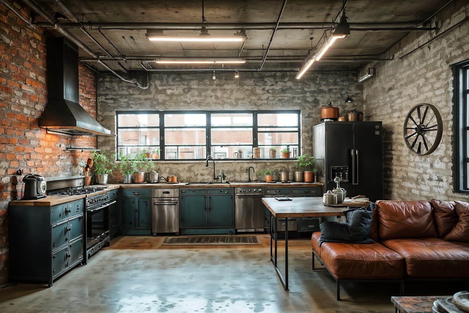 industrial-style (kitchen living combo interior) with televisions and sofa and kitchen cabinets and chairs and plant and electric lamps and sink and bookshelves. . with exposed brick and neutral tones and raw aesthetic and open floorplan and exposed concrete and reclaimed wood and factory style and metal panels. . cinematic photo, highly detailed, cinematic lighting, ultra-detailed, ultrarealistic, photorealism, 8k. industrial interior design style. masterpiece, cinematic light, ultrarealistic+, photorealistic+, 8k, raw photo, realistic, sharp focus on eyes, (symmetrical eyes), (intact eyes), hyperrealistic, highest quality, best quality, , highly detailed, masterpiece, best quality, extremely detailed 8k wallpaper, masterpiece, best quality, ultra-detailed, best shadow, detailed background, detailed face, detailed eyes, high contrast, best illumination, detailed face, dulux, caustic, dynamic angle, detailed glow. dramatic lighting. highly detailed, insanely detailed hair, symmetrical, intricate details, professionally retouched, 8k high definition. strong bokeh. award winning photo.