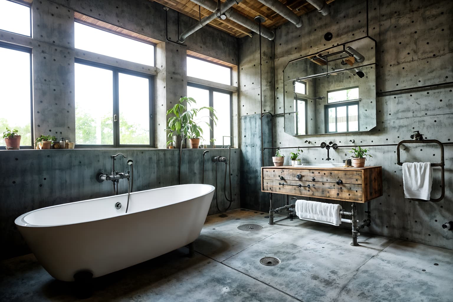 industrial-style (bathroom interior) with bathtub and waste basket and toilet seat and mirror and plant and bath rail and shower and bathroom sink with faucet. . with exposed concrete and exposed brick and exposed rafters and neutral tones and reclaimed wood and utilitarian objects and open floorplan and metal panels. . cinematic photo, highly detailed, cinematic lighting, ultra-detailed, ultrarealistic, photorealism, 8k. industrial interior design style. masterpiece, cinematic light, ultrarealistic+, photorealistic+, 8k, raw photo, realistic, sharp focus on eyes, (symmetrical eyes), (intact eyes), hyperrealistic, highest quality, best quality, , highly detailed, masterpiece, best quality, extremely detailed 8k wallpaper, masterpiece, best quality, ultra-detailed, best shadow, detailed background, detailed face, detailed eyes, high contrast, best illumination, detailed face, dulux, caustic, dynamic angle, detailed glow. dramatic lighting. highly detailed, insanely detailed hair, symmetrical, intricate details, professionally retouched, 8k high definition. strong bokeh. award winning photo.