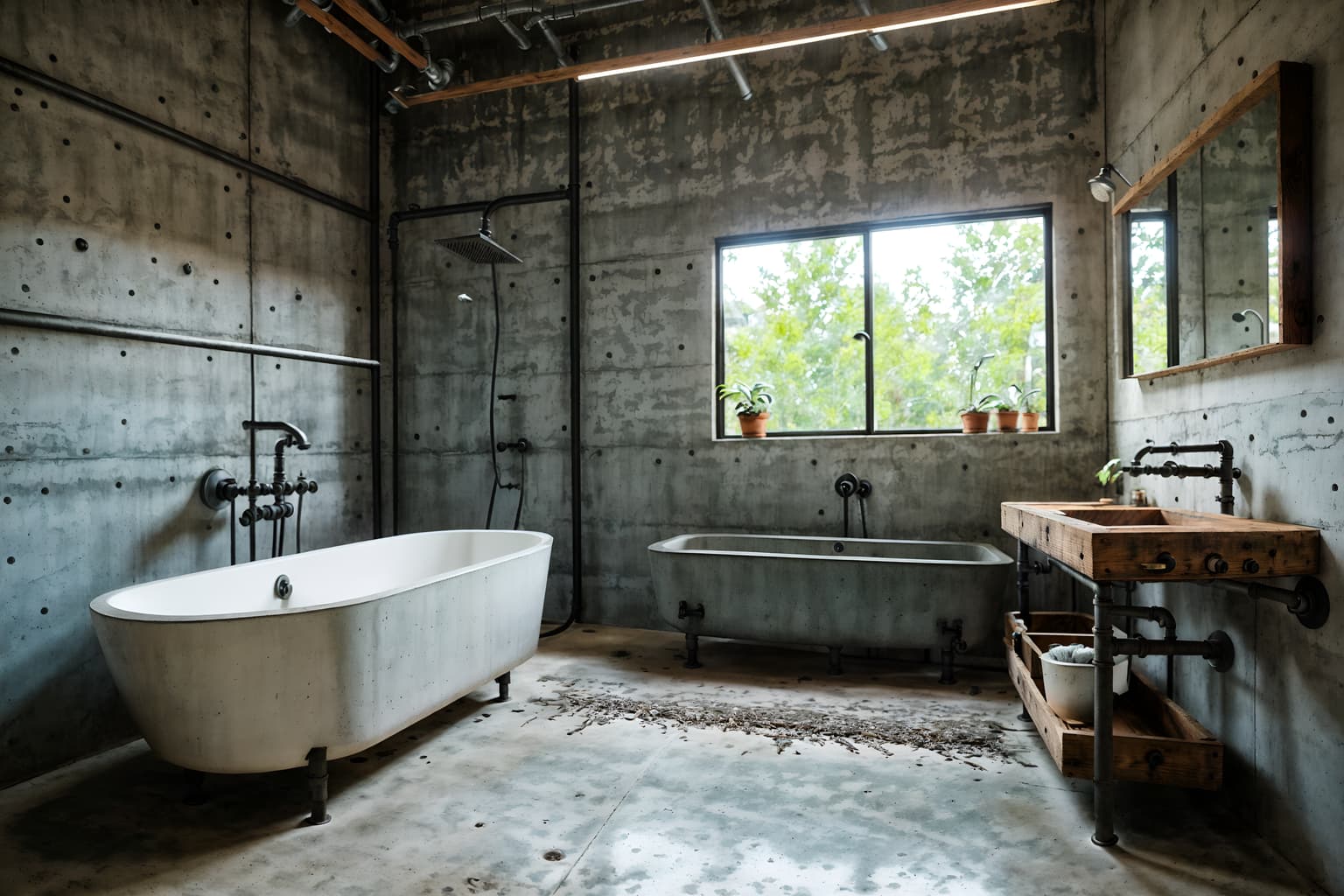 industrial-style (bathroom interior) with bathtub and waste basket and toilet seat and mirror and plant and bath rail and shower and bathroom sink with faucet. . with exposed concrete and exposed brick and exposed rafters and neutral tones and reclaimed wood and utilitarian objects and open floorplan and metal panels. . cinematic photo, highly detailed, cinematic lighting, ultra-detailed, ultrarealistic, photorealism, 8k. industrial interior design style. masterpiece, cinematic light, ultrarealistic+, photorealistic+, 8k, raw photo, realistic, sharp focus on eyes, (symmetrical eyes), (intact eyes), hyperrealistic, highest quality, best quality, , highly detailed, masterpiece, best quality, extremely detailed 8k wallpaper, masterpiece, best quality, ultra-detailed, best shadow, detailed background, detailed face, detailed eyes, high contrast, best illumination, detailed face, dulux, caustic, dynamic angle, detailed glow. dramatic lighting. highly detailed, insanely detailed hair, symmetrical, intricate details, professionally retouched, 8k high definition. strong bokeh. award winning photo.