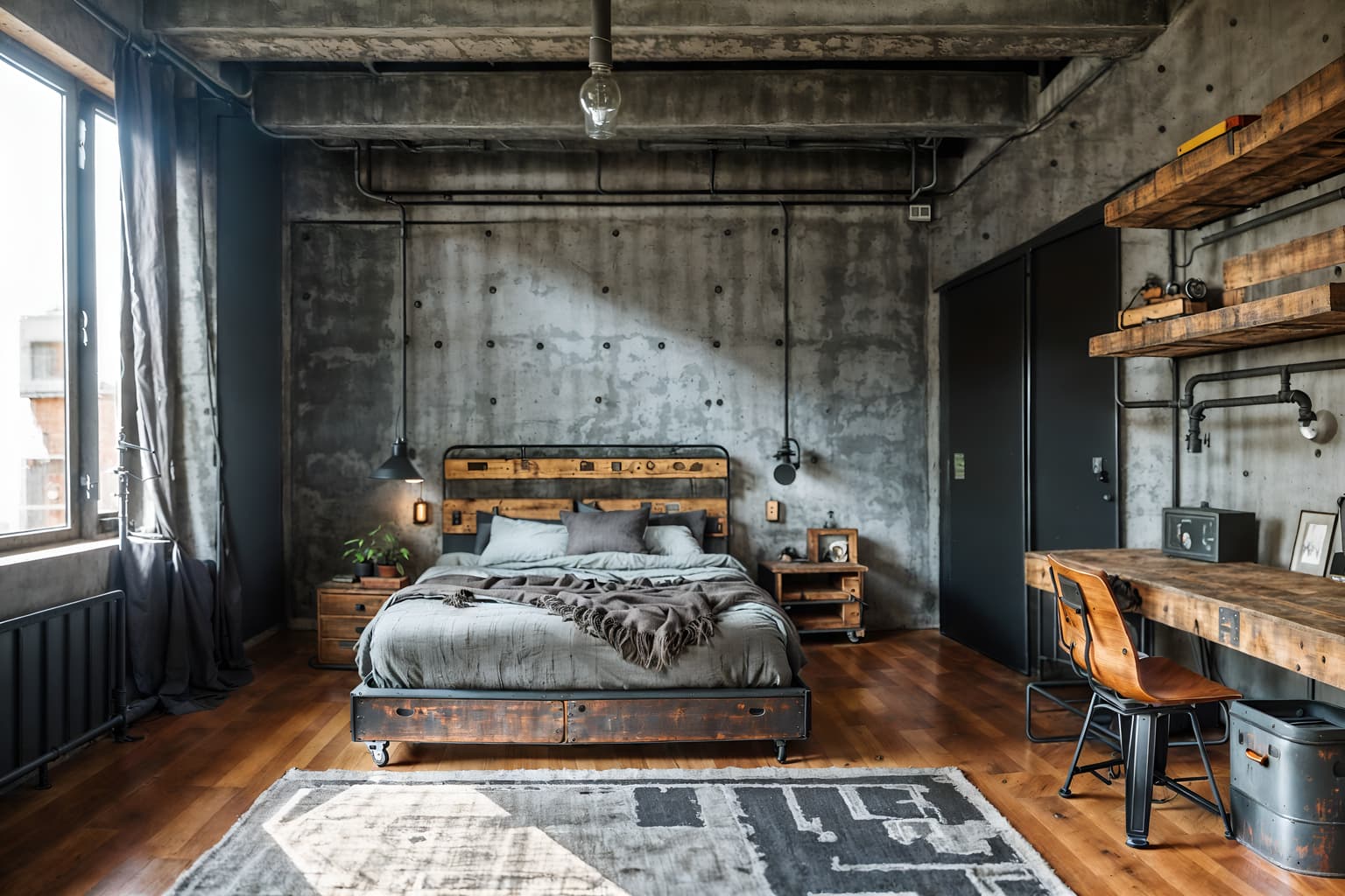 industrial-style (kids room interior) with bed and accent chair and plant and kids desk and storage bench or ottoman and headboard and mirror and night light. . with factory style and open floorplan and exposed concrete and utilitarian objects and exposed rafters and neutral tones and reclaimed wood and raw aesthetic. . cinematic photo, highly detailed, cinematic lighting, ultra-detailed, ultrarealistic, photorealism, 8k. industrial interior design style. masterpiece, cinematic light, ultrarealistic+, photorealistic+, 8k, raw photo, realistic, sharp focus on eyes, (symmetrical eyes), (intact eyes), hyperrealistic, highest quality, best quality, , highly detailed, masterpiece, best quality, extremely detailed 8k wallpaper, masterpiece, best quality, ultra-detailed, best shadow, detailed background, detailed face, detailed eyes, high contrast, best illumination, detailed face, dulux, caustic, dynamic angle, detailed glow. dramatic lighting. highly detailed, insanely detailed hair, symmetrical, intricate details, professionally retouched, 8k high definition. strong bokeh. award winning photo.