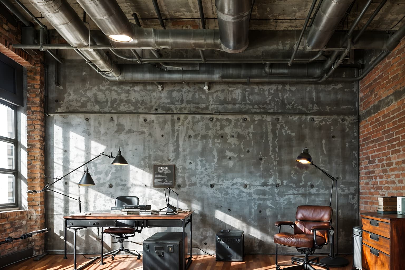 industrial-style (study room interior) with office chair and desk lamp and cabinets and writing desk and plant and bookshelves and lounge chair and office chair. . with exposed brick and factory style and exposed concrete and open floorplan and metal panels and utilitarian objects and raw aesthetic and exposed rafters. . cinematic photo, highly detailed, cinematic lighting, ultra-detailed, ultrarealistic, photorealism, 8k. industrial interior design style. masterpiece, cinematic light, ultrarealistic+, photorealistic+, 8k, raw photo, realistic, sharp focus on eyes, (symmetrical eyes), (intact eyes), hyperrealistic, highest quality, best quality, , highly detailed, masterpiece, best quality, extremely detailed 8k wallpaper, masterpiece, best quality, ultra-detailed, best shadow, detailed background, detailed face, detailed eyes, high contrast, best illumination, detailed face, dulux, caustic, dynamic angle, detailed glow. dramatic lighting. highly detailed, insanely detailed hair, symmetrical, intricate details, professionally retouched, 8k high definition. strong bokeh. award winning photo.
