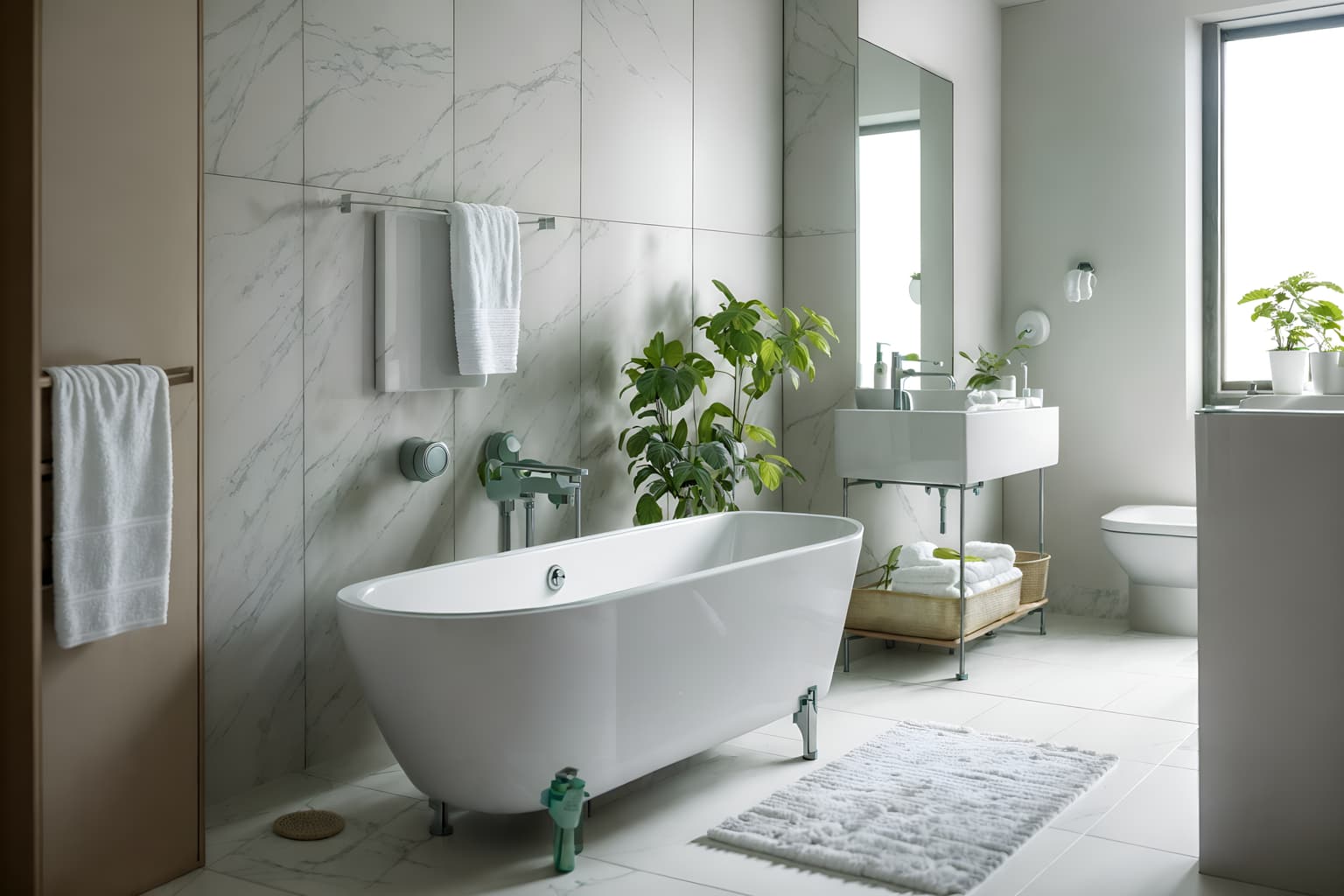 eco-friendly-style (bathroom interior) with waste basket and mirror and bath towel and plant and bathtub and bathroom cabinet and shower and toilet seat. . . cinematic photo, highly detailed, cinematic lighting, ultra-detailed, ultrarealistic, photorealism, 8k. eco-friendly interior design style. masterpiece, cinematic light, ultrarealistic+, photorealistic+, 8k, raw photo, realistic, sharp focus on eyes, (symmetrical eyes), (intact eyes), hyperrealistic, highest quality, best quality, , highly detailed, masterpiece, best quality, extremely detailed 8k wallpaper, masterpiece, best quality, ultra-detailed, best shadow, detailed background, detailed face, detailed eyes, high contrast, best illumination, detailed face, dulux, caustic, dynamic angle, detailed glow. dramatic lighting. highly detailed, insanely detailed hair, symmetrical, intricate details, professionally retouched, 8k high definition. strong bokeh. award winning photo.