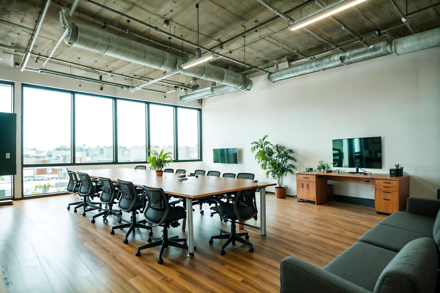 eco-friendly-style (coworking space interior) with office desks and seating area with sofa and lounge chairs and office chairs and office desks. . . cinematic photo, highly detailed, cinematic lighting, ultra-detailed, ultrarealistic, photorealism, 8k. eco-friendly interior design style. masterpiece, cinematic light, ultrarealistic+, photorealistic+, 8k, raw photo, realistic, sharp focus on eyes, (symmetrical eyes), (intact eyes), hyperrealistic, highest quality, best quality, , highly detailed, masterpiece, best quality, extremely detailed 8k wallpaper, masterpiece, best quality, ultra-detailed, best shadow, detailed background, detailed face, detailed eyes, high contrast, best illumination, detailed face, dulux, caustic, dynamic angle, detailed glow. dramatic lighting. highly detailed, insanely detailed hair, symmetrical, intricate details, professionally retouched, 8k high definition. strong bokeh. award winning photo.