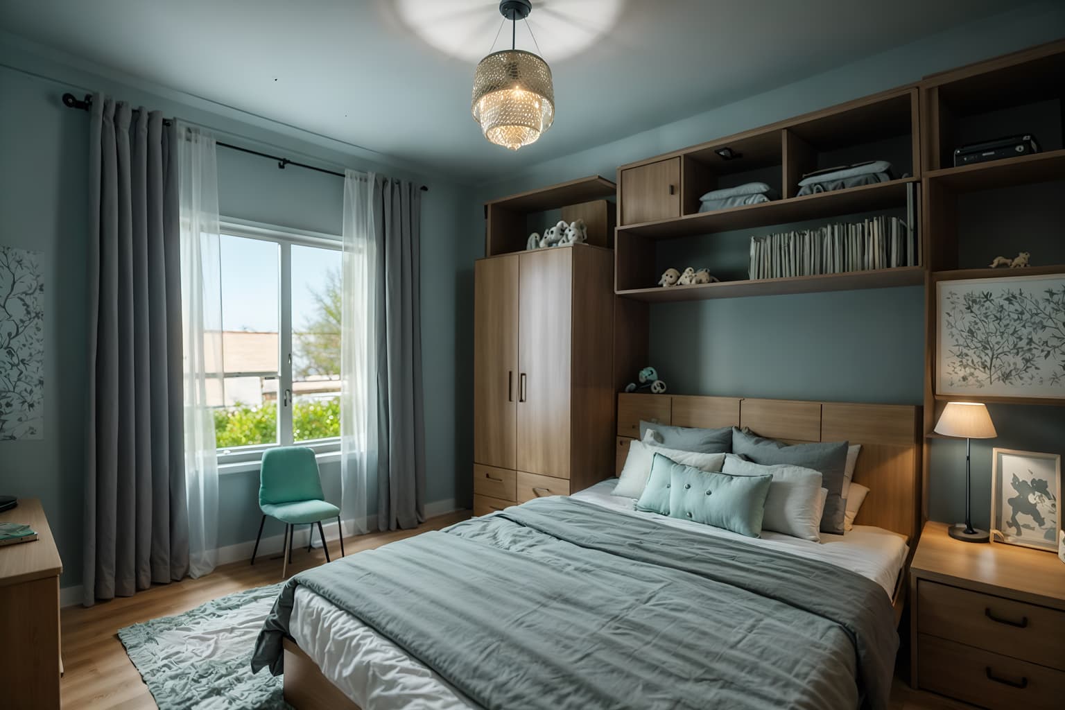 eco-friendly-style (kids room interior) with night light and mirror and headboard and bed and storage bench or ottoman and kids desk and accent chair and dresser closet. . . cinematic photo, highly detailed, cinematic lighting, ultra-detailed, ultrarealistic, photorealism, 8k. eco-friendly interior design style. masterpiece, cinematic light, ultrarealistic+, photorealistic+, 8k, raw photo, realistic, sharp focus on eyes, (symmetrical eyes), (intact eyes), hyperrealistic, highest quality, best quality, , highly detailed, masterpiece, best quality, extremely detailed 8k wallpaper, masterpiece, best quality, ultra-detailed, best shadow, detailed background, detailed face, detailed eyes, high contrast, best illumination, detailed face, dulux, caustic, dynamic angle, detailed glow. dramatic lighting. highly detailed, insanely detailed hair, symmetrical, intricate details, professionally retouched, 8k high definition. strong bokeh. award winning photo.