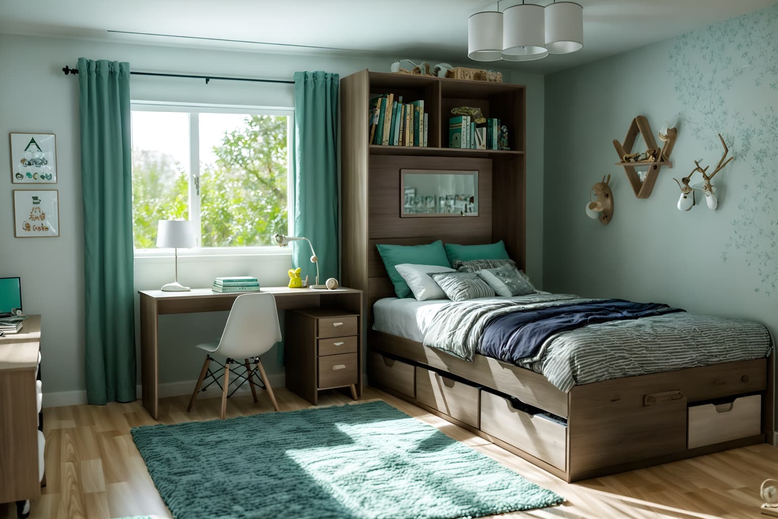 eco-friendly-style (kids room interior) with night light and mirror and headboard and bed and storage bench or ottoman and kids desk and accent chair and dresser closet. . . cinematic photo, highly detailed, cinematic lighting, ultra-detailed, ultrarealistic, photorealism, 8k. eco-friendly interior design style. masterpiece, cinematic light, ultrarealistic+, photorealistic+, 8k, raw photo, realistic, sharp focus on eyes, (symmetrical eyes), (intact eyes), hyperrealistic, highest quality, best quality, , highly detailed, masterpiece, best quality, extremely detailed 8k wallpaper, masterpiece, best quality, ultra-detailed, best shadow, detailed background, detailed face, detailed eyes, high contrast, best illumination, detailed face, dulux, caustic, dynamic angle, detailed glow. dramatic lighting. highly detailed, insanely detailed hair, symmetrical, intricate details, professionally retouched, 8k high definition. strong bokeh. award winning photo.