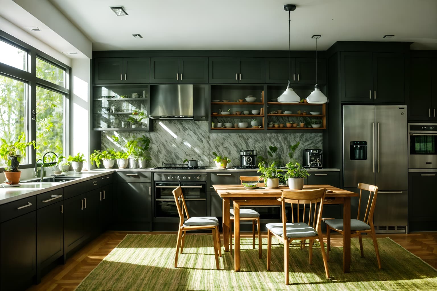 eco-friendly-style (kitchen living combo interior) with chairs and worktops and rug and bookshelves and occasional tables and plant and refrigerator and plant. . . cinematic photo, highly detailed, cinematic lighting, ultra-detailed, ultrarealistic, photorealism, 8k. eco-friendly interior design style. masterpiece, cinematic light, ultrarealistic+, photorealistic+, 8k, raw photo, realistic, sharp focus on eyes, (symmetrical eyes), (intact eyes), hyperrealistic, highest quality, best quality, , highly detailed, masterpiece, best quality, extremely detailed 8k wallpaper, masterpiece, best quality, ultra-detailed, best shadow, detailed background, detailed face, detailed eyes, high contrast, best illumination, detailed face, dulux, caustic, dynamic angle, detailed glow. dramatic lighting. highly detailed, insanely detailed hair, symmetrical, intricate details, professionally retouched, 8k high definition. strong bokeh. award winning photo.