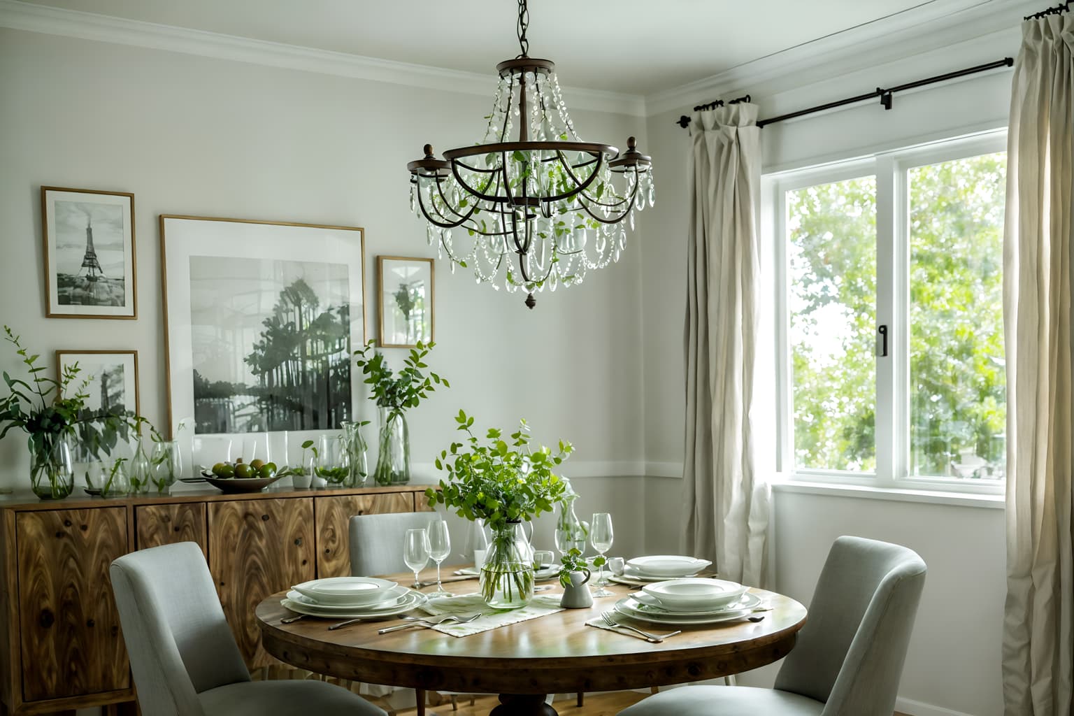 eco-friendly-style (dining room interior) with light or chandelier and table cloth and plates, cutlery and glasses on dining table and painting or photo on wall and bookshelves and vase and plant and dining table. . . cinematic photo, highly detailed, cinematic lighting, ultra-detailed, ultrarealistic, photorealism, 8k. eco-friendly interior design style. masterpiece, cinematic light, ultrarealistic+, photorealistic+, 8k, raw photo, realistic, sharp focus on eyes, (symmetrical eyes), (intact eyes), hyperrealistic, highest quality, best quality, , highly detailed, masterpiece, best quality, extremely detailed 8k wallpaper, masterpiece, best quality, ultra-detailed, best shadow, detailed background, detailed face, detailed eyes, high contrast, best illumination, detailed face, dulux, caustic, dynamic angle, detailed glow. dramatic lighting. highly detailed, insanely detailed hair, symmetrical, intricate details, professionally retouched, 8k high definition. strong bokeh. award winning photo.
