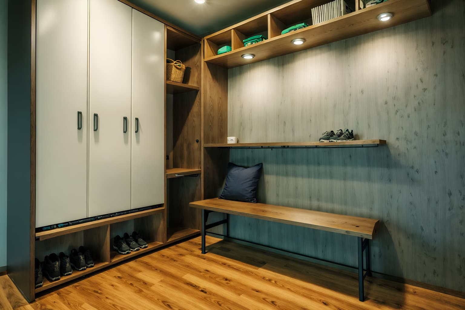eco-friendly-style (drop zone interior) with wall hooks for coats and cabinets and a bench and shelves for shoes and cubbies and storage drawers and storage baskets and lockers. . . cinematic photo, highly detailed, cinematic lighting, ultra-detailed, ultrarealistic, photorealism, 8k. eco-friendly interior design style. masterpiece, cinematic light, ultrarealistic+, photorealistic+, 8k, raw photo, realistic, sharp focus on eyes, (symmetrical eyes), (intact eyes), hyperrealistic, highest quality, best quality, , highly detailed, masterpiece, best quality, extremely detailed 8k wallpaper, masterpiece, best quality, ultra-detailed, best shadow, detailed background, detailed face, detailed eyes, high contrast, best illumination, detailed face, dulux, caustic, dynamic angle, detailed glow. dramatic lighting. highly detailed, insanely detailed hair, symmetrical, intricate details, professionally retouched, 8k high definition. strong bokeh. award winning photo.