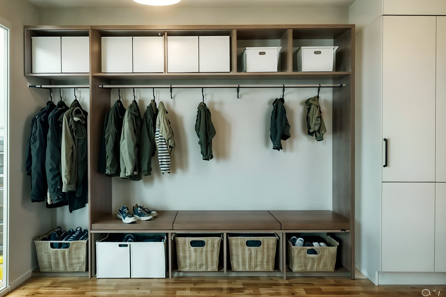 eco-friendly-style (drop zone interior) with wall hooks for coats and cabinets and a bench and shelves for shoes and cubbies and storage drawers and storage baskets and lockers. . . cinematic photo, highly detailed, cinematic lighting, ultra-detailed, ultrarealistic, photorealism, 8k. eco-friendly interior design style. masterpiece, cinematic light, ultrarealistic+, photorealistic+, 8k, raw photo, realistic, sharp focus on eyes, (symmetrical eyes), (intact eyes), hyperrealistic, highest quality, best quality, , highly detailed, masterpiece, best quality, extremely detailed 8k wallpaper, masterpiece, best quality, ultra-detailed, best shadow, detailed background, detailed face, detailed eyes, high contrast, best illumination, detailed face, dulux, caustic, dynamic angle, detailed glow. dramatic lighting. highly detailed, insanely detailed hair, symmetrical, intricate details, professionally retouched, 8k high definition. strong bokeh. award winning photo.