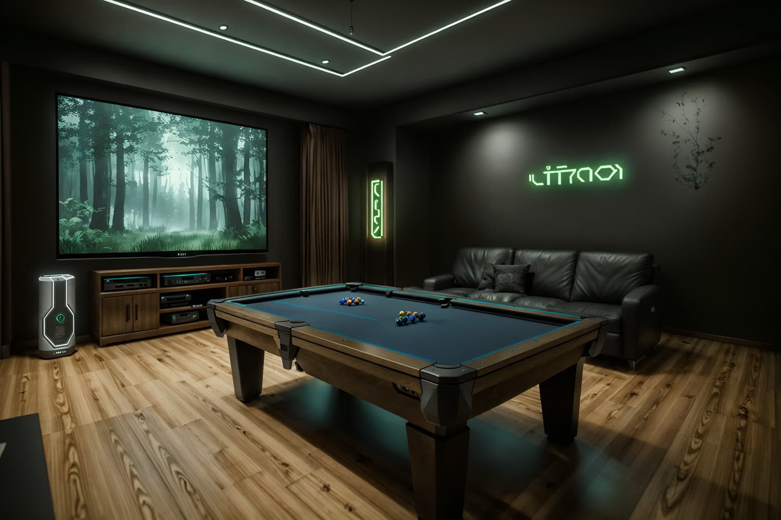 eco-friendly-style (gaming room interior) . . cinematic photo, highly detailed, cinematic lighting, ultra-detailed, ultrarealistic, photorealism, 8k. eco-friendly interior design style. masterpiece, cinematic light, ultrarealistic+, photorealistic+, 8k, raw photo, realistic, sharp focus on eyes, (symmetrical eyes), (intact eyes), hyperrealistic, highest quality, best quality, , highly detailed, masterpiece, best quality, extremely detailed 8k wallpaper, masterpiece, best quality, ultra-detailed, best shadow, detailed background, detailed face, detailed eyes, high contrast, best illumination, detailed face, dulux, caustic, dynamic angle, detailed glow. dramatic lighting. highly detailed, insanely detailed hair, symmetrical, intricate details, professionally retouched, 8k high definition. strong bokeh. award winning photo.