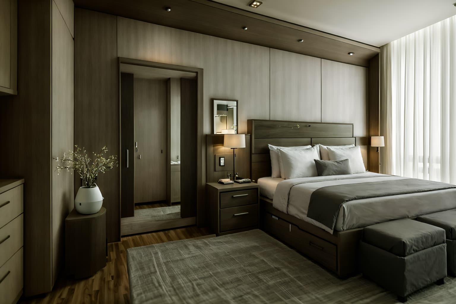 eco-friendly-style (hotel room interior) with bedside table or night stand and headboard and mirror and working desk with desk chair and dresser closet and storage bench or ottoman and hotel bathroom and bed. . . cinematic photo, highly detailed, cinematic lighting, ultra-detailed, ultrarealistic, photorealism, 8k. eco-friendly interior design style. masterpiece, cinematic light, ultrarealistic+, photorealistic+, 8k, raw photo, realistic, sharp focus on eyes, (symmetrical eyes), (intact eyes), hyperrealistic, highest quality, best quality, , highly detailed, masterpiece, best quality, extremely detailed 8k wallpaper, masterpiece, best quality, ultra-detailed, best shadow, detailed background, detailed face, detailed eyes, high contrast, best illumination, detailed face, dulux, caustic, dynamic angle, detailed glow. dramatic lighting. highly detailed, insanely detailed hair, symmetrical, intricate details, professionally retouched, 8k high definition. strong bokeh. award winning photo.