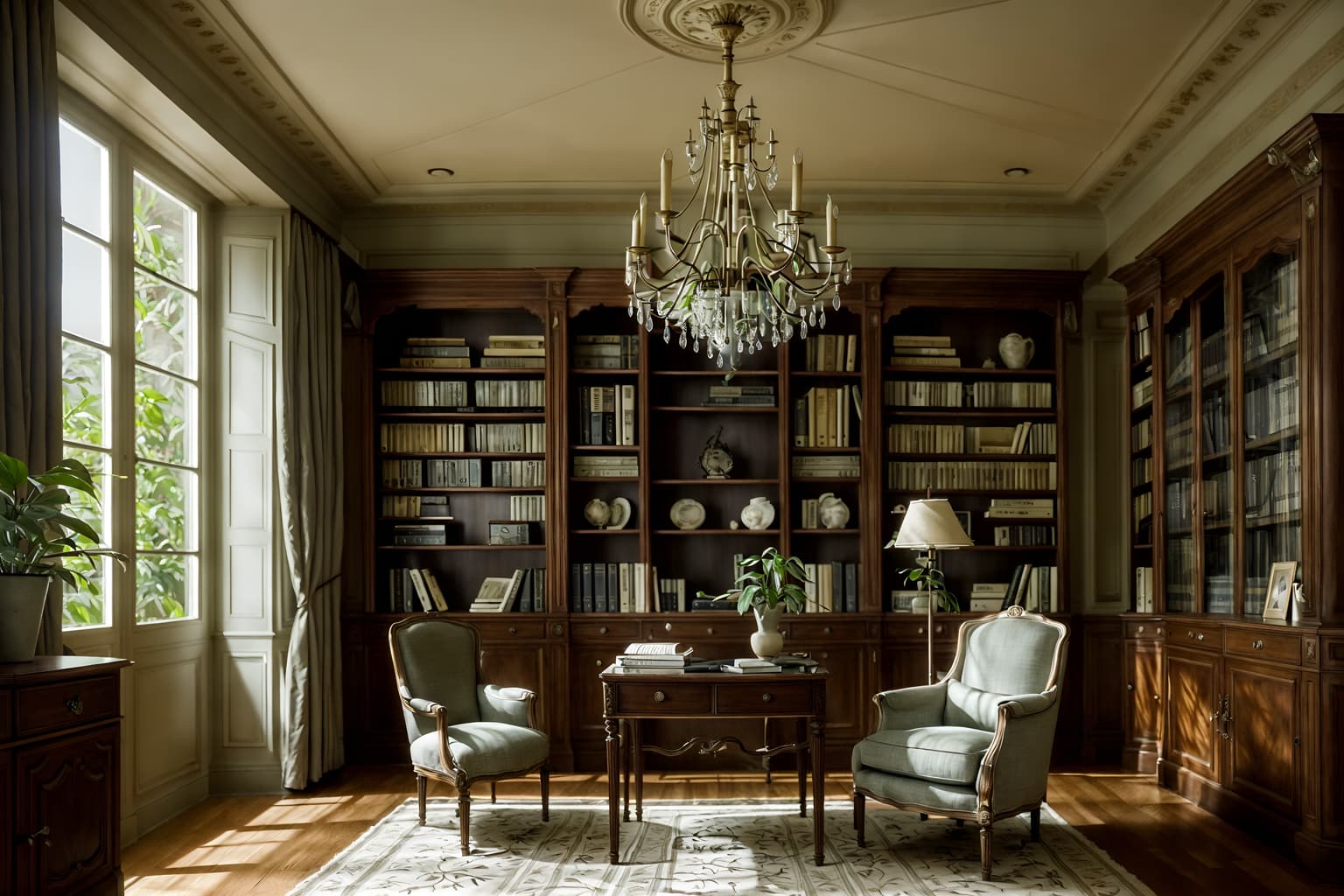 french-style (study room interior) with plant and bookshelves and writing desk and desk lamp and office chair and cabinets and lounge chair and plant. . . cinematic photo, highly detailed, cinematic lighting, ultra-detailed, ultrarealistic, photorealism, 8k. french interior design style. masterpiece, cinematic light, ultrarealistic+, photorealistic+, 8k, raw photo, realistic, sharp focus on eyes, (symmetrical eyes), (intact eyes), hyperrealistic, highest quality, best quality, , highly detailed, masterpiece, best quality, extremely detailed 8k wallpaper, masterpiece, best quality, ultra-detailed, best shadow, detailed background, detailed face, detailed eyes, high contrast, best illumination, detailed face, dulux, caustic, dynamic angle, detailed glow. dramatic lighting. highly detailed, insanely detailed hair, symmetrical, intricate details, professionally retouched, 8k high definition. strong bokeh. award winning photo.