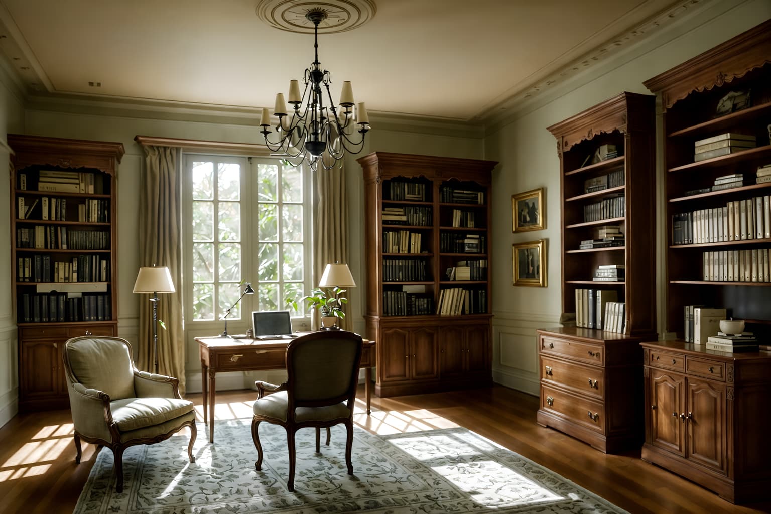 french-style (study room interior) with plant and bookshelves and writing desk and desk lamp and office chair and cabinets and lounge chair and plant. . . cinematic photo, highly detailed, cinematic lighting, ultra-detailed, ultrarealistic, photorealism, 8k. french interior design style. masterpiece, cinematic light, ultrarealistic+, photorealistic+, 8k, raw photo, realistic, sharp focus on eyes, (symmetrical eyes), (intact eyes), hyperrealistic, highest quality, best quality, , highly detailed, masterpiece, best quality, extremely detailed 8k wallpaper, masterpiece, best quality, ultra-detailed, best shadow, detailed background, detailed face, detailed eyes, high contrast, best illumination, detailed face, dulux, caustic, dynamic angle, detailed glow. dramatic lighting. highly detailed, insanely detailed hair, symmetrical, intricate details, professionally retouched, 8k high definition. strong bokeh. award winning photo.