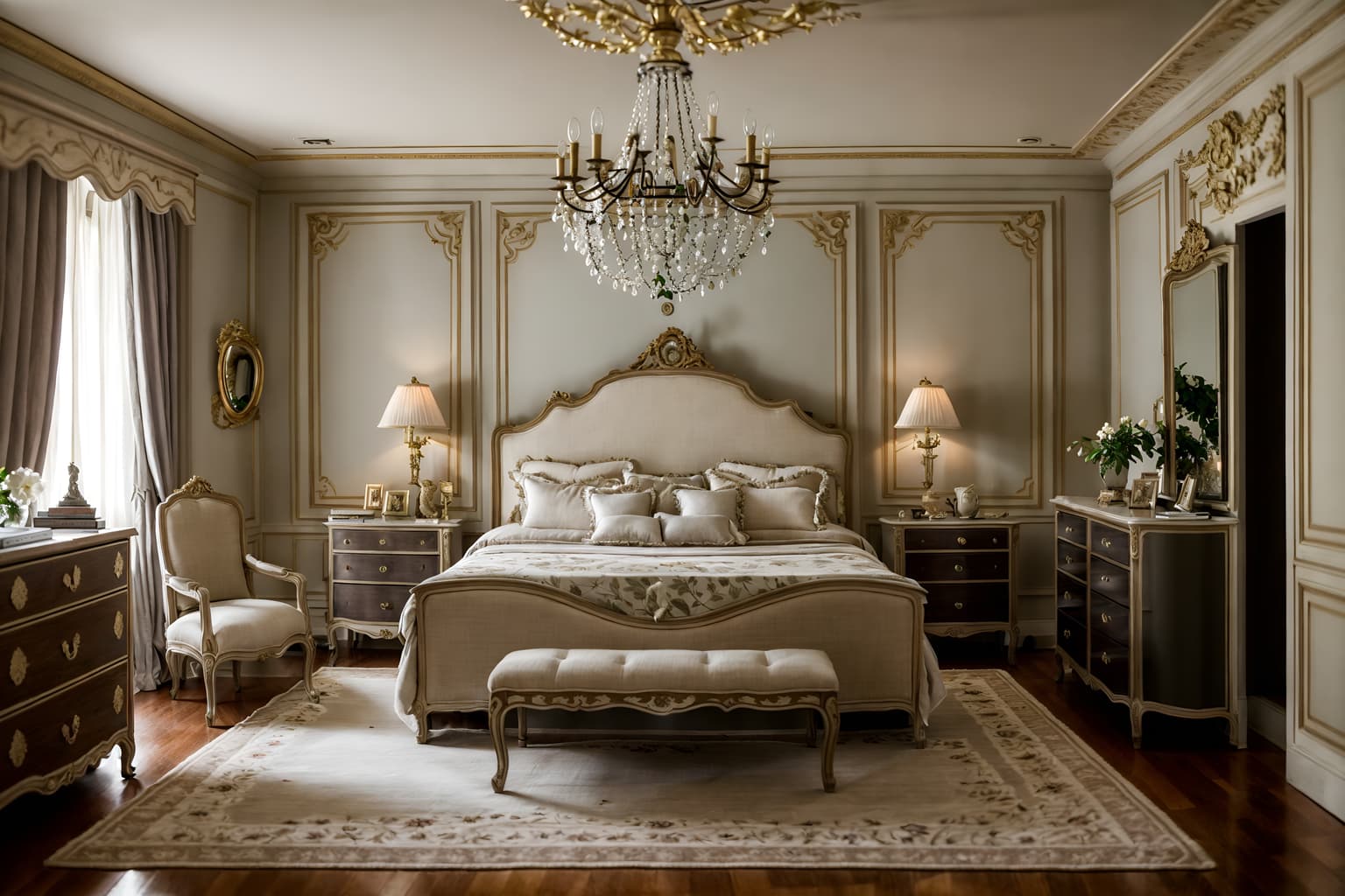 french-style (bedroom interior) with headboard and night light and mirror and dresser closet and bed and accent chair and plant and storage bench or ottoman. . . cinematic photo, highly detailed, cinematic lighting, ultra-detailed, ultrarealistic, photorealism, 8k. french interior design style. masterpiece, cinematic light, ultrarealistic+, photorealistic+, 8k, raw photo, realistic, sharp focus on eyes, (symmetrical eyes), (intact eyes), hyperrealistic, highest quality, best quality, , highly detailed, masterpiece, best quality, extremely detailed 8k wallpaper, masterpiece, best quality, ultra-detailed, best shadow, detailed background, detailed face, detailed eyes, high contrast, best illumination, detailed face, dulux, caustic, dynamic angle, detailed glow. dramatic lighting. highly detailed, insanely detailed hair, symmetrical, intricate details, professionally retouched, 8k high definition. strong bokeh. award winning photo.