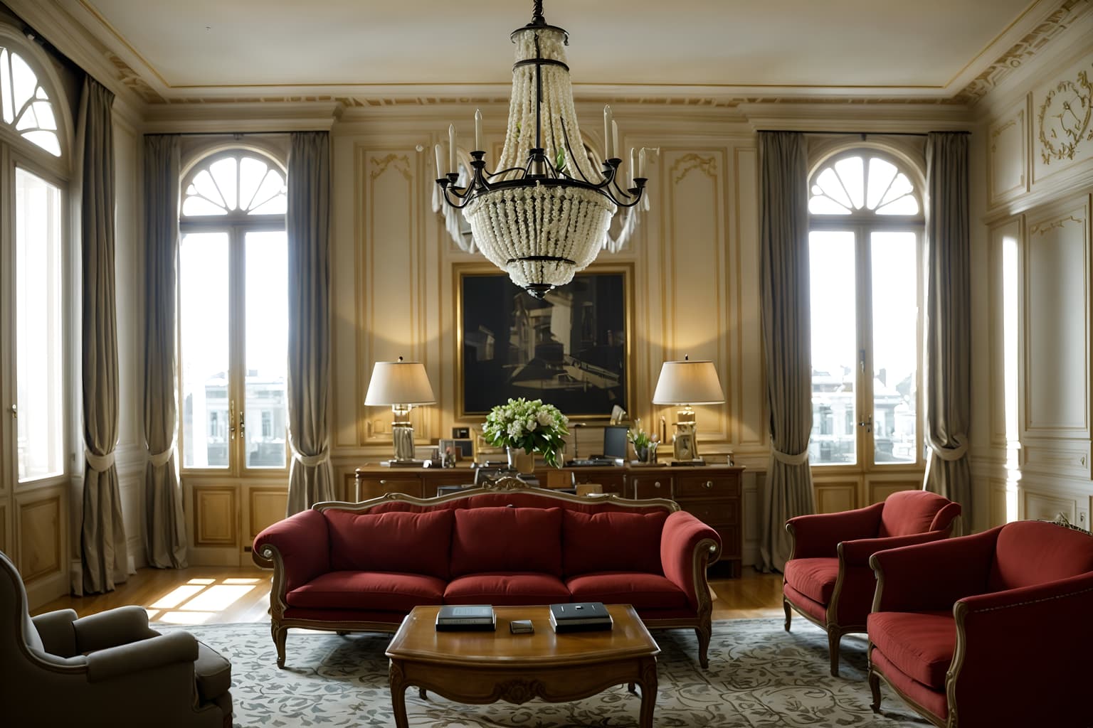 french-style (office interior) with office chairs and computer desks and desk lamps and office desks and seating area with sofa and windows and cabinets and lounge chairs. . . cinematic photo, highly detailed, cinematic lighting, ultra-detailed, ultrarealistic, photorealism, 8k. french interior design style. masterpiece, cinematic light, ultrarealistic+, photorealistic+, 8k, raw photo, realistic, sharp focus on eyes, (symmetrical eyes), (intact eyes), hyperrealistic, highest quality, best quality, , highly detailed, masterpiece, best quality, extremely detailed 8k wallpaper, masterpiece, best quality, ultra-detailed, best shadow, detailed background, detailed face, detailed eyes, high contrast, best illumination, detailed face, dulux, caustic, dynamic angle, detailed glow. dramatic lighting. highly detailed, insanely detailed hair, symmetrical, intricate details, professionally retouched, 8k high definition. strong bokeh. award winning photo.