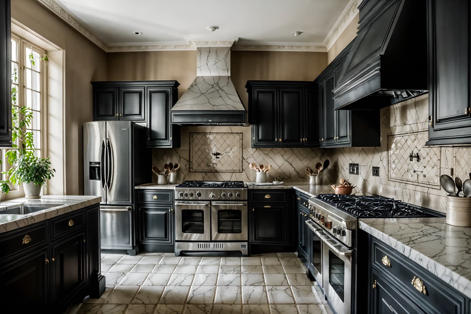 french-style (kitchen interior) with stove and plant and worktops and refrigerator and kitchen cabinets and sink and stove. . . cinematic photo, highly detailed, cinematic lighting, ultra-detailed, ultrarealistic, photorealism, 8k. french interior design style. masterpiece, cinematic light, ultrarealistic+, photorealistic+, 8k, raw photo, realistic, sharp focus on eyes, (symmetrical eyes), (intact eyes), hyperrealistic, highest quality, best quality, , highly detailed, masterpiece, best quality, extremely detailed 8k wallpaper, masterpiece, best quality, ultra-detailed, best shadow, detailed background, detailed face, detailed eyes, high contrast, best illumination, detailed face, dulux, caustic, dynamic angle, detailed glow. dramatic lighting. highly detailed, insanely detailed hair, symmetrical, intricate details, professionally retouched, 8k high definition. strong bokeh. award winning photo.