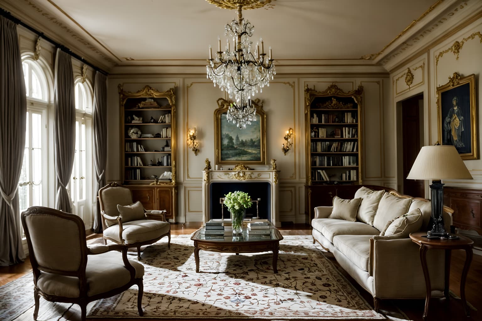 french-style (living room interior) with coffee tables and televisions and occasional tables and electric lamps and bookshelves and chairs and plant and rug. . . cinematic photo, highly detailed, cinematic lighting, ultra-detailed, ultrarealistic, photorealism, 8k. french interior design style. masterpiece, cinematic light, ultrarealistic+, photorealistic+, 8k, raw photo, realistic, sharp focus on eyes, (symmetrical eyes), (intact eyes), hyperrealistic, highest quality, best quality, , highly detailed, masterpiece, best quality, extremely detailed 8k wallpaper, masterpiece, best quality, ultra-detailed, best shadow, detailed background, detailed face, detailed eyes, high contrast, best illumination, detailed face, dulux, caustic, dynamic angle, detailed glow. dramatic lighting. highly detailed, insanely detailed hair, symmetrical, intricate details, professionally retouched, 8k high definition. strong bokeh. award winning photo.