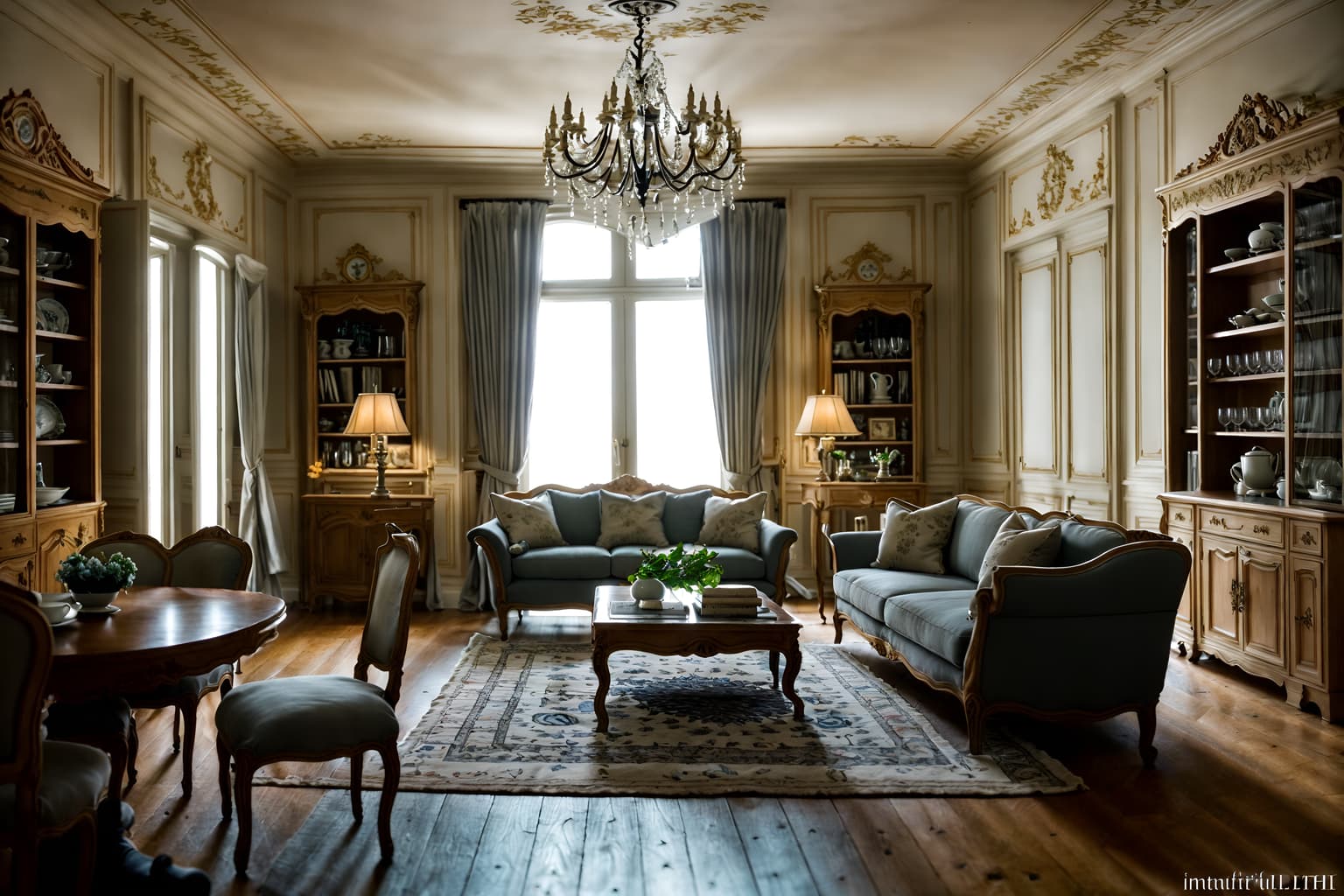 french-style (kitchen living combo interior) with furniture and coffee tables and electric lamps and sink and refrigerator and bookshelves and occasional tables and rug. . . cinematic photo, highly detailed, cinematic lighting, ultra-detailed, ultrarealistic, photorealism, 8k. french interior design style. masterpiece, cinematic light, ultrarealistic+, photorealistic+, 8k, raw photo, realistic, sharp focus on eyes, (symmetrical eyes), (intact eyes), hyperrealistic, highest quality, best quality, , highly detailed, masterpiece, best quality, extremely detailed 8k wallpaper, masterpiece, best quality, ultra-detailed, best shadow, detailed background, detailed face, detailed eyes, high contrast, best illumination, detailed face, dulux, caustic, dynamic angle, detailed glow. dramatic lighting. highly detailed, insanely detailed hair, symmetrical, intricate details, professionally retouched, 8k high definition. strong bokeh. award winning photo.