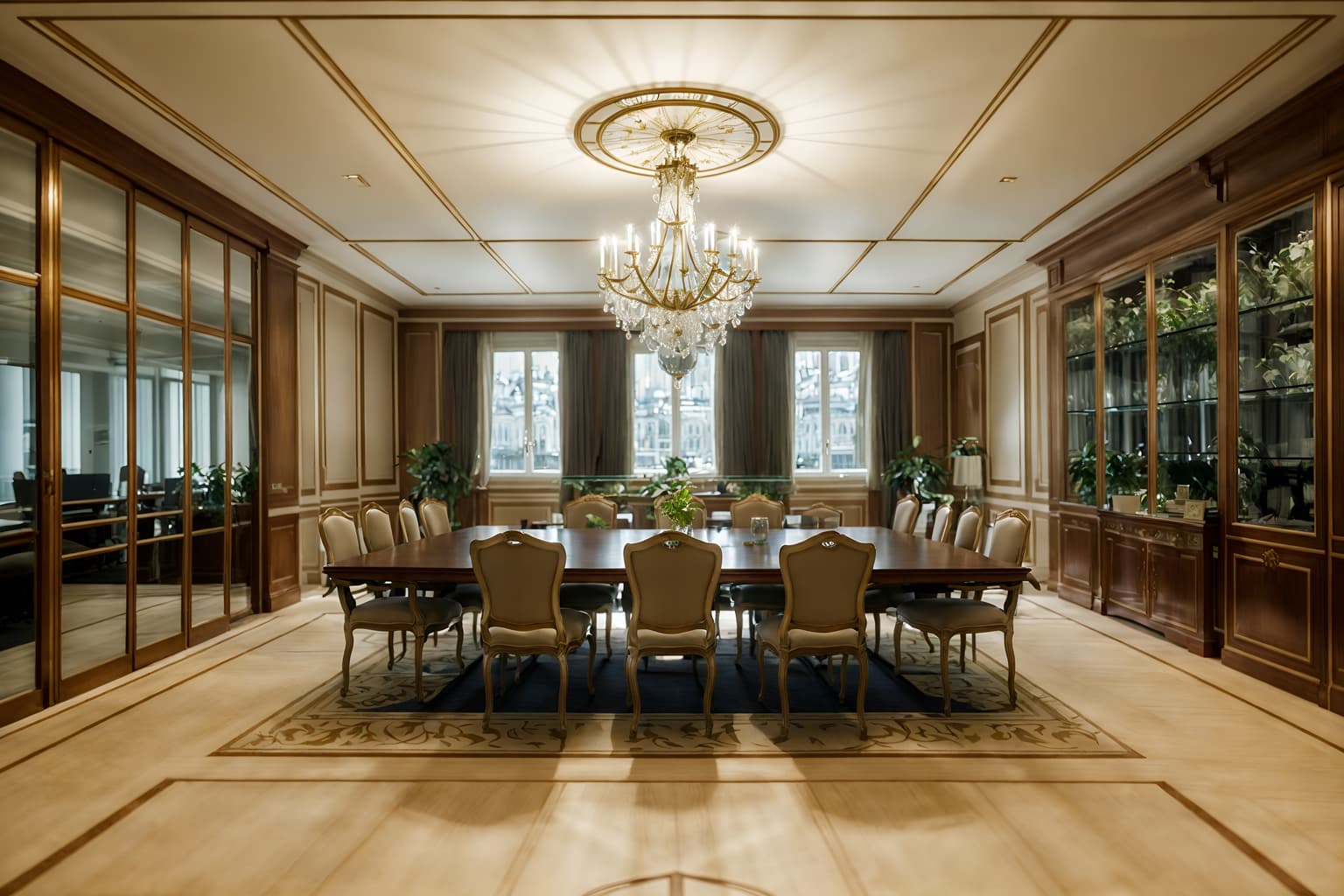 french-style (meeting room interior) with plant and boardroom table and glass walls and glass doors and office chairs and vase and painting or photo on wall and cabinets. . . cinematic photo, highly detailed, cinematic lighting, ultra-detailed, ultrarealistic, photorealism, 8k. french interior design style. masterpiece, cinematic light, ultrarealistic+, photorealistic+, 8k, raw photo, realistic, sharp focus on eyes, (symmetrical eyes), (intact eyes), hyperrealistic, highest quality, best quality, , highly detailed, masterpiece, best quality, extremely detailed 8k wallpaper, masterpiece, best quality, ultra-detailed, best shadow, detailed background, detailed face, detailed eyes, high contrast, best illumination, detailed face, dulux, caustic, dynamic angle, detailed glow. dramatic lighting. highly detailed, insanely detailed hair, symmetrical, intricate details, professionally retouched, 8k high definition. strong bokeh. award winning photo.